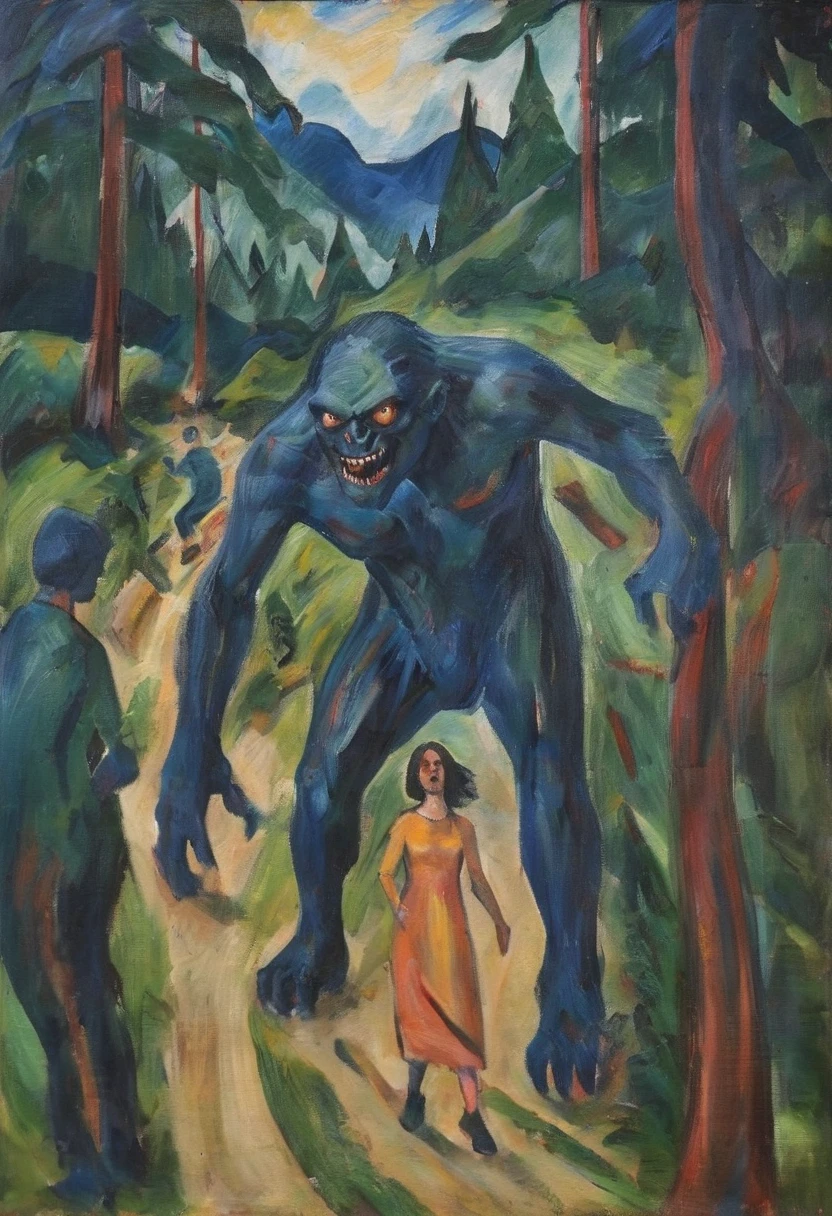 expressionist painting of monster chasing hikers along a trail in a Cascadian forest