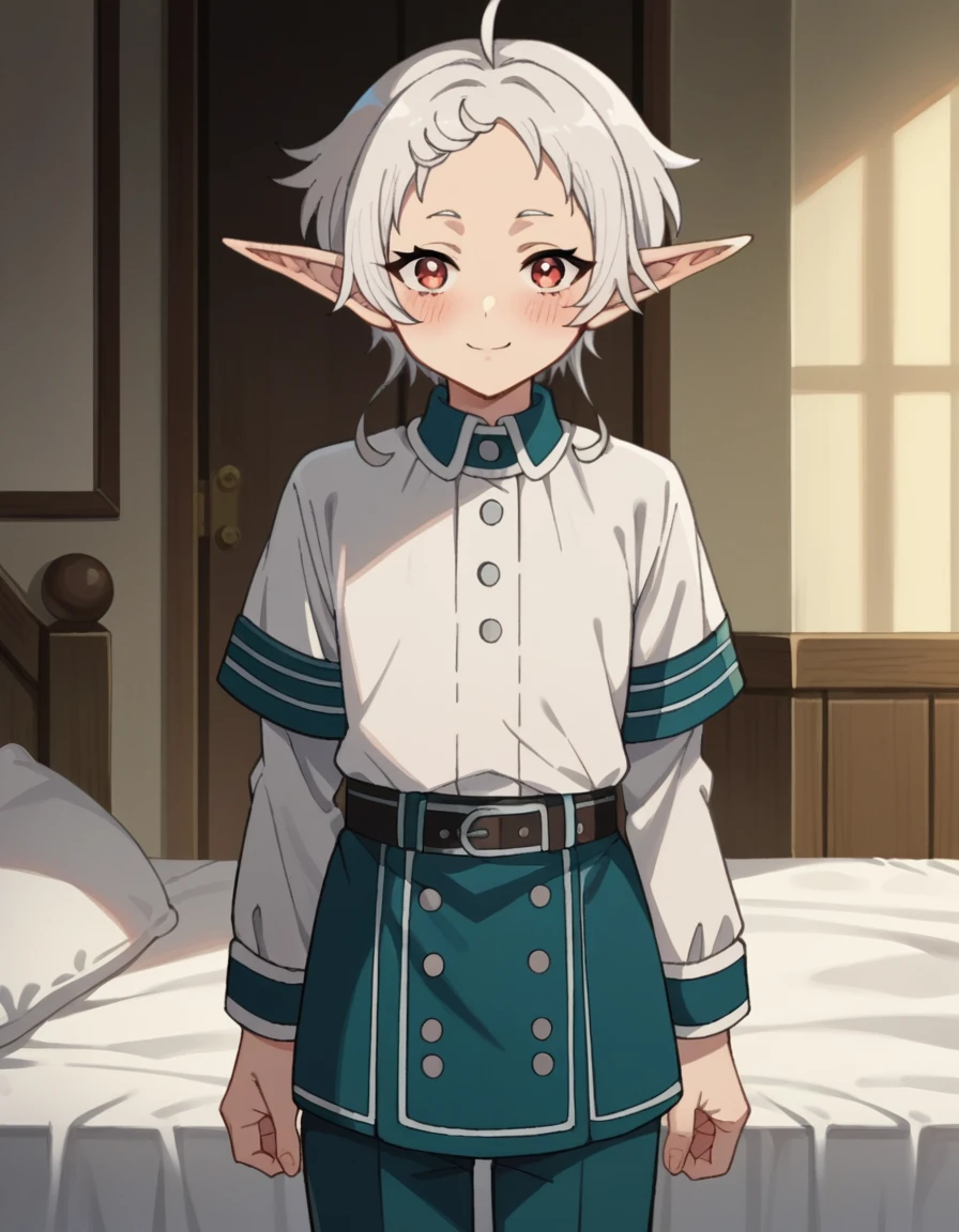 score_9, score_8_up, score_7_up, source_anime,
sylphy, <lora:sylphiette-ponyxl-lora-nochekaiser:1>,
sylphy, short hair, ahoge, white hair, pointy ears, elf, blush, smile,
red eyes, long sleeves, boots, pants, uniform, shirt, white shirt,
indoors, bed, bed room,
looking at viewer, cowboy shot,