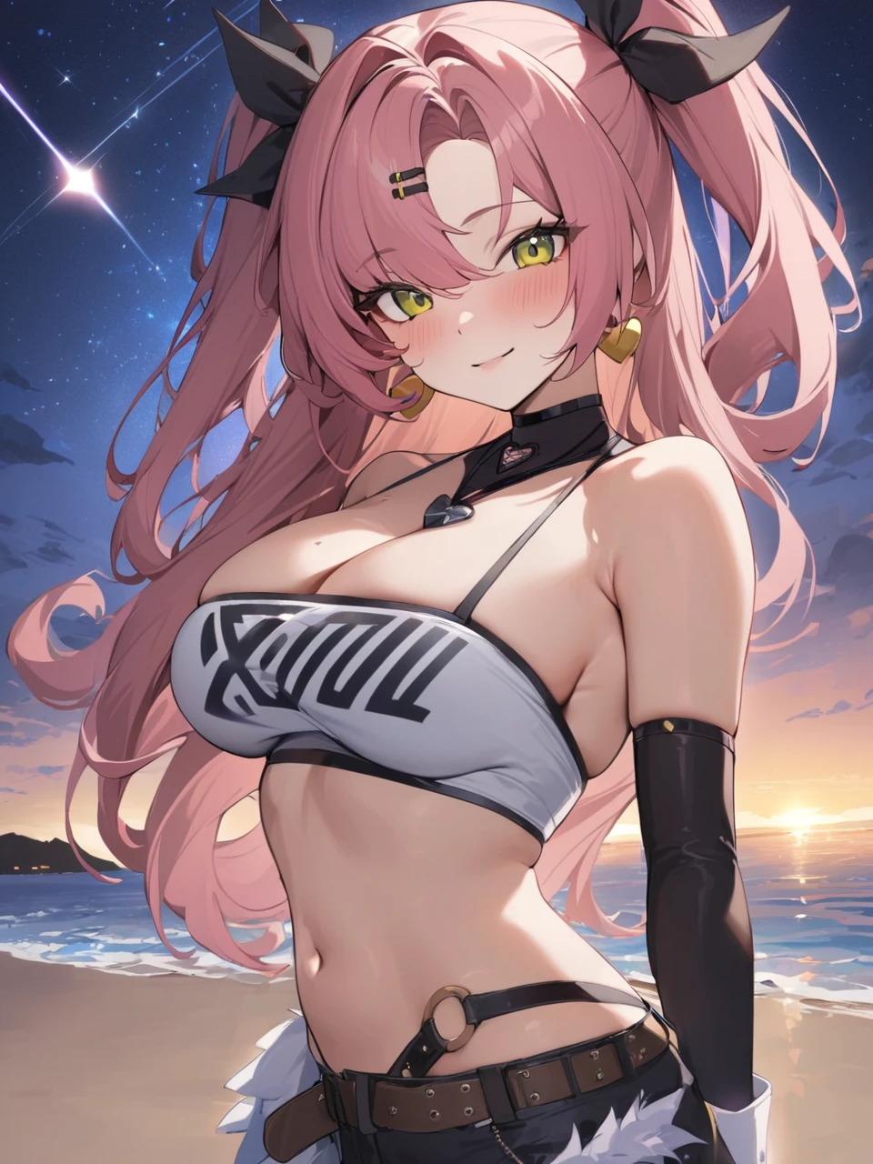 1girl,,two_side_up,solo,large_breasts,highres,nicole_demara,1girl,hair_ribbon,crop_top,looking_at_viewer,bikini,night, starry sky, beach,standing,looking at viewer,light smile,,masterpiece,best quality,absurdres,newest,higher<lora:nicole_demara:1>