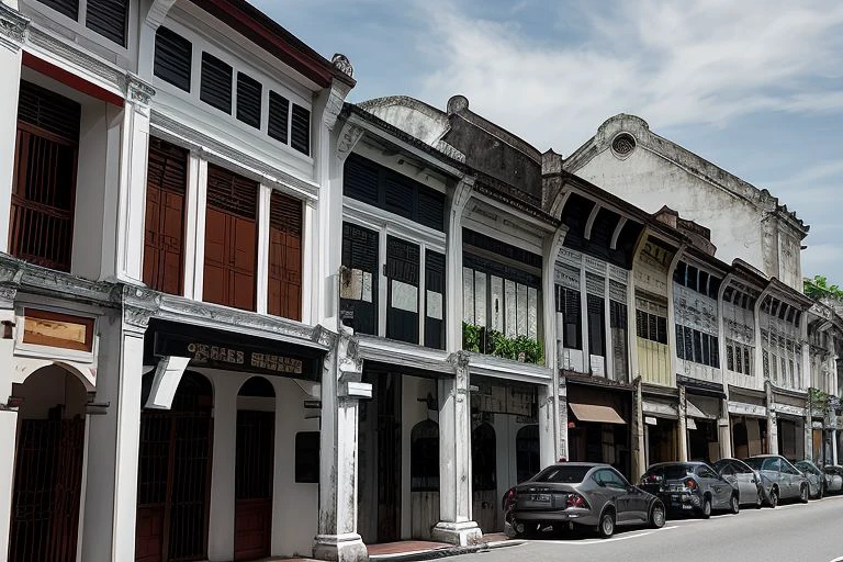 architecture, building, (shophouse), cityscape, scenery, Southeast Asia, George Town, Penang, vintage, historical, heritage, orange tiled roof, pedestrian arcade, narrow facade, long windows, no humans, road, perfect proportions, perfect perspective, 8k, masterpiece, best quality, high_resolution, high detail, photorealistic