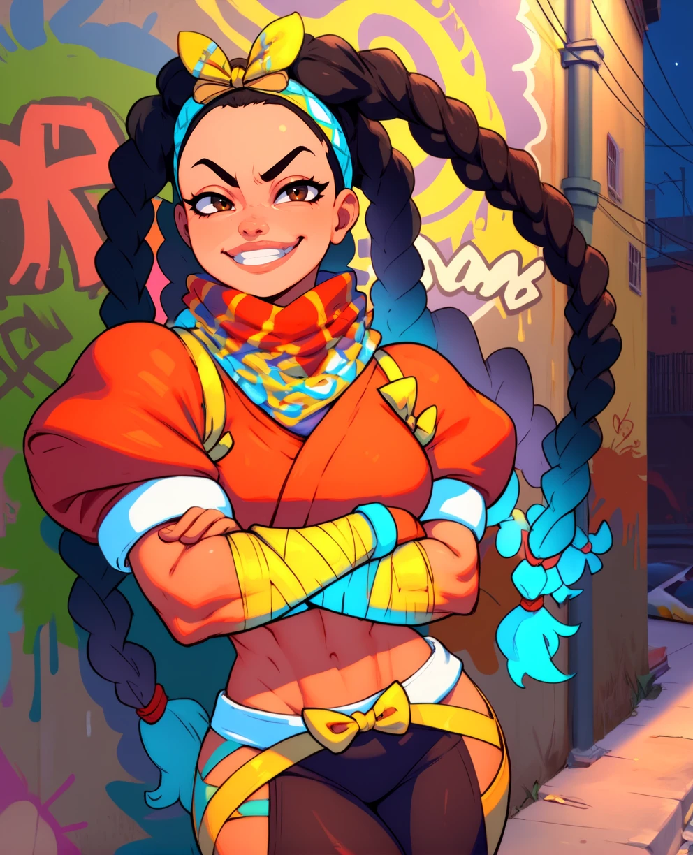 score_9,score_8_up,score_7_up,
kimberlyxl,black hair,brown eyes,long braids,two-tone hair,crossed arms,
bow hairband,red shirt,puffy short sleeves,midriff,arm wrap,black hip vent,scarf,black legwear,
leaning against wall,smug,
night,graffiti,urban,alley,wall,
looking at viewer,grin,
