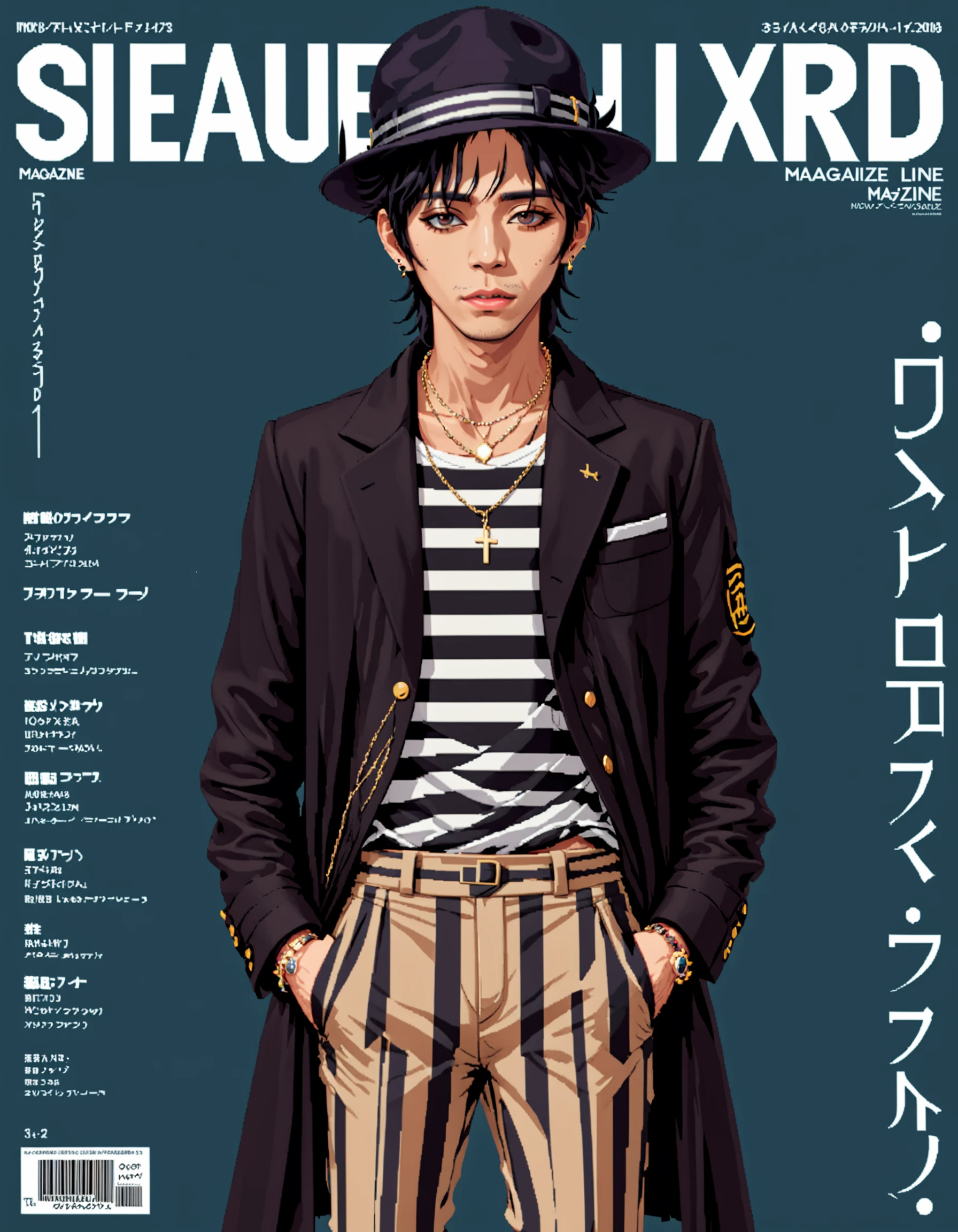 Japanese Music Magazine Style, 1boy, black hair, coat, cover, english text, fake cover, fashion, hat, jacket, jewelry, long sleeves, magazine cover, male focus, necklace, pants, parted lips, shirt, solo, striped, striped pants, <lora:NihonMagStyleXL:0.5>