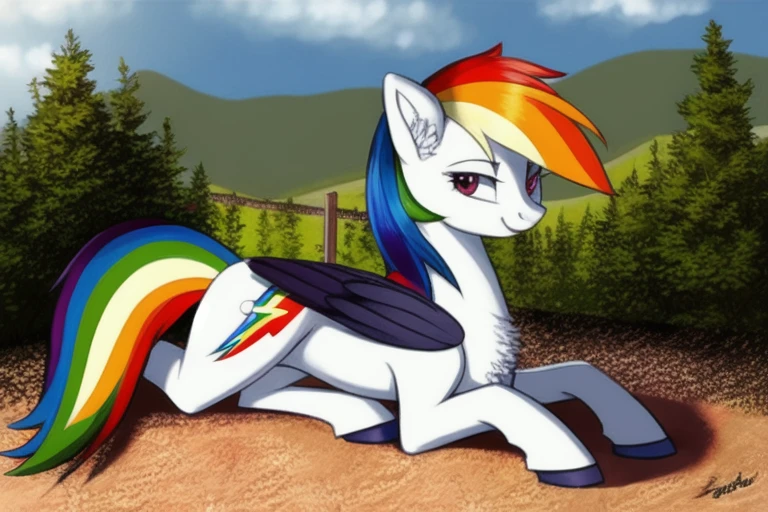 feral pony (((rainbow dash))) (masterpiece, best quality:1.1), ((fluffy tail)), (((perfect anatomy))), (((pony))),