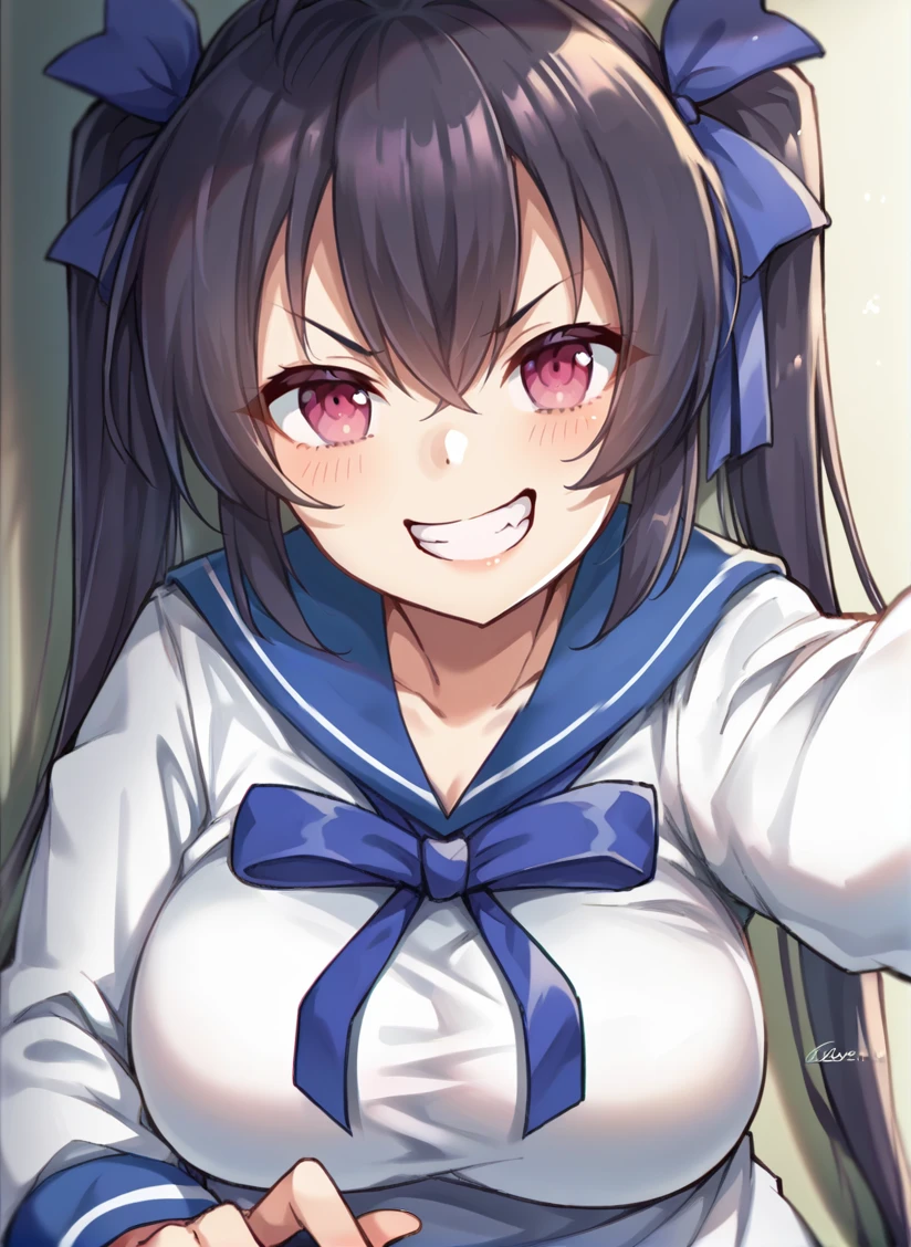 score_9, score_7_up, score_6_up, source_anime, 1girl, solo, hakobenaru, pink eyes, large breasts, sailor dress, blue sailor collar, long sleeves, hair ribbon, ribbon, striped socks, one hand out of frame, selfie, close-up, pov, upper body, leaning against wall, grin, v-shaped eyebrows, recording, <lora:naru_SDXL-09:1>,