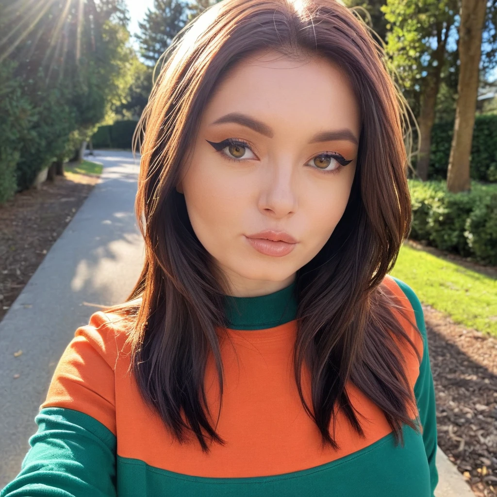 BustyEmaxl, 1girl, solo, outdoors, dappled-sunlight, sunlight, photo of a woman, realistic, selfie, upper body, sweatshirt, long hair, makeup, lips, Rust orange, dark green, and brown colors <lora:BustyEmaXL10:1>