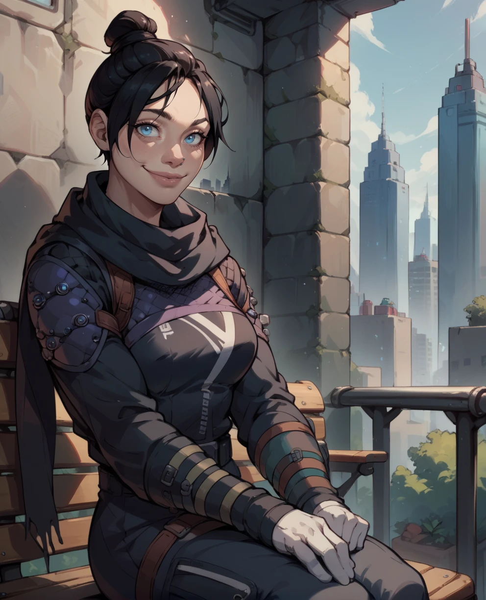 score_9,score_8_up,score_7_up,
wraithxl,black hair,single hair bun,looking at viewer,blue eyes,
scarf,nose piercing,black shirt,long sleeves,white gloves,
smile,
sitting, bench,
science fiction,wall,outdoors,cityscape,
<lora:wraith:0.8>,
