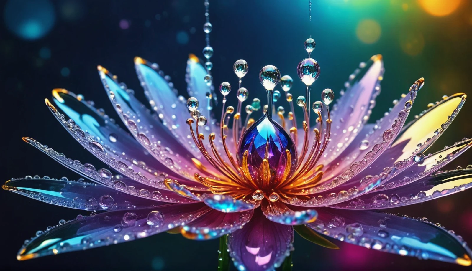 Abstract style macro photo, sparkling dewdrops cling to a magical fantasy glass flower, very detailed, amazing quality, intricate, cinematic light, highly detail, beautiful, surreal, dramatic, galaxy fantasy colors, . Non-representational, colors and shapes, expression of feelings, imaginative, highly detailed