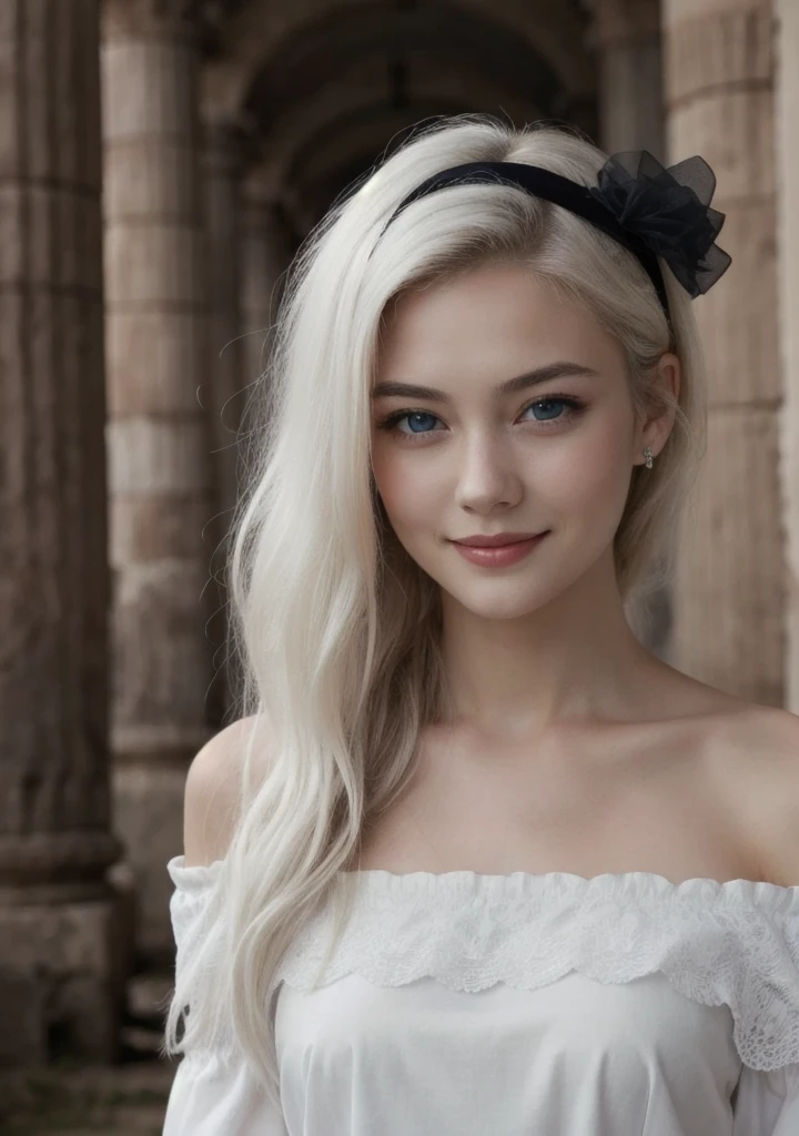 masterpiece, high quality, 1girl, very long hair,flat chest,white hair, blue eyes, black ribbons and headband, oriental dress, loong sleeves, off shoulder, looking at viewer, light smile, ancient ruins