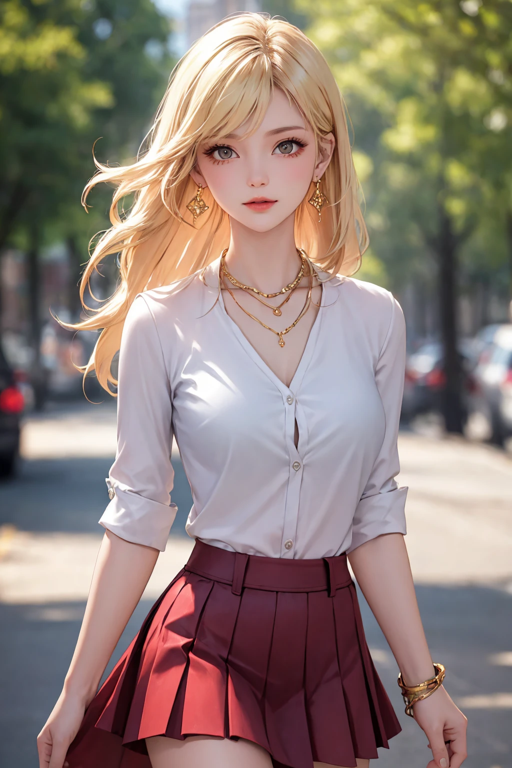 (event companion:1.5, midtown street background:1.5, standing on turn-table:1.5), photo realistic, anime style, (8k, RAW photo, best quality, masterpiece:1.2), High detail RAW color photo, professional photograph, cowboy shot, (realistic, photo realistic:1.37),cinematic light, (finery detailed face:1.2), cowboy shot, thigh 1 girl in bath, 28-38 years old, very cute, very beautiful, photo realistic, event companion, BREAK, white oily skin, real human skin, (detailed face), oval face, pores, round eyes:1.0, ultra high res, BREAK, slim, (medium-large-breast:1.37, cleavage:1.17), (looking straight at viewer with a serene and goddess-like happiness:1.2), (lifter gloss, eyelashes, gloss-face, best quality, ultra highres, Broad lighting, natural shading), (beautiful thin blonde hair), BREAK, (event companion uniform:1.3, white collared shirt;1.3, black high-waist pencil-long-skirt:1.3), BREAK, ((show case:1.5, standing in the street1.5)), ((from below:1.3, show girl posing1.5)), blurry background, bokeh, depth of field, cowboy shot:1.3, centered image,