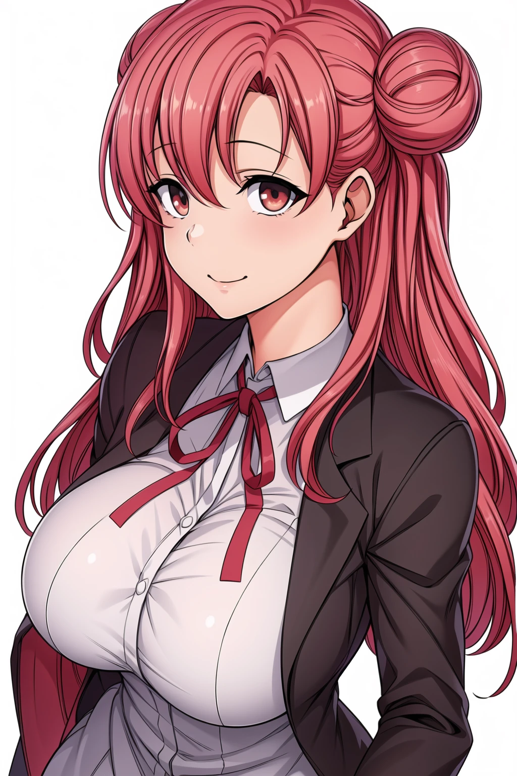 Simple White Background,
dynamic pose,standing at attention,
School uniform, Black jacket, white shirt, red ribbon,
<lora:Manaka_Miyama_DreamingMaiden-KK77-V1:0.7>,
Red eyes, pink hair,bangs,long hair, side buns,
<lora:Oda_Non_Style-KK77-V2:0.1>,<lora:Reika_Kurashiki_SaiminSeishidou-KK77-V2:0.1>,<lora:more_details:0.3>,
1 girl, 20yo,Young female,Beautiful long legs,Beautiful body,
Beautiful Nose,Beautiful character design, perfect eyes, perfect face,expressive eyes,perfect balance,
looking at viewer,(Focus on her face),closed mouth, (innocent_big_eyes:1.3),(Light_Smile:1.2),
official art,extremely detailed CG unity 8k wallpaper, perfect lighting,Colorful, Bright_Front_face_Lighting,White skin,
(masterpiece:1.0),(best_quality:1.0), ultra high res,4K,ultra-detailed,
photography, 8K, HDR, highres, absurdres:1.2, Kodak portra 400, film grain, blurry background, bokeh:1.2, lens flare, (vibrant_color:1.2),professional photograph,
(Beautiful,large_Breasts:1.4), (beautiful_face:1.5),(narrow_waist),