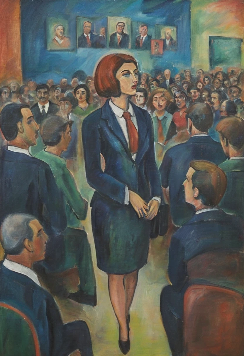 expressionist painting of a business woman in smart suit talking to a large crowd in a conference hall