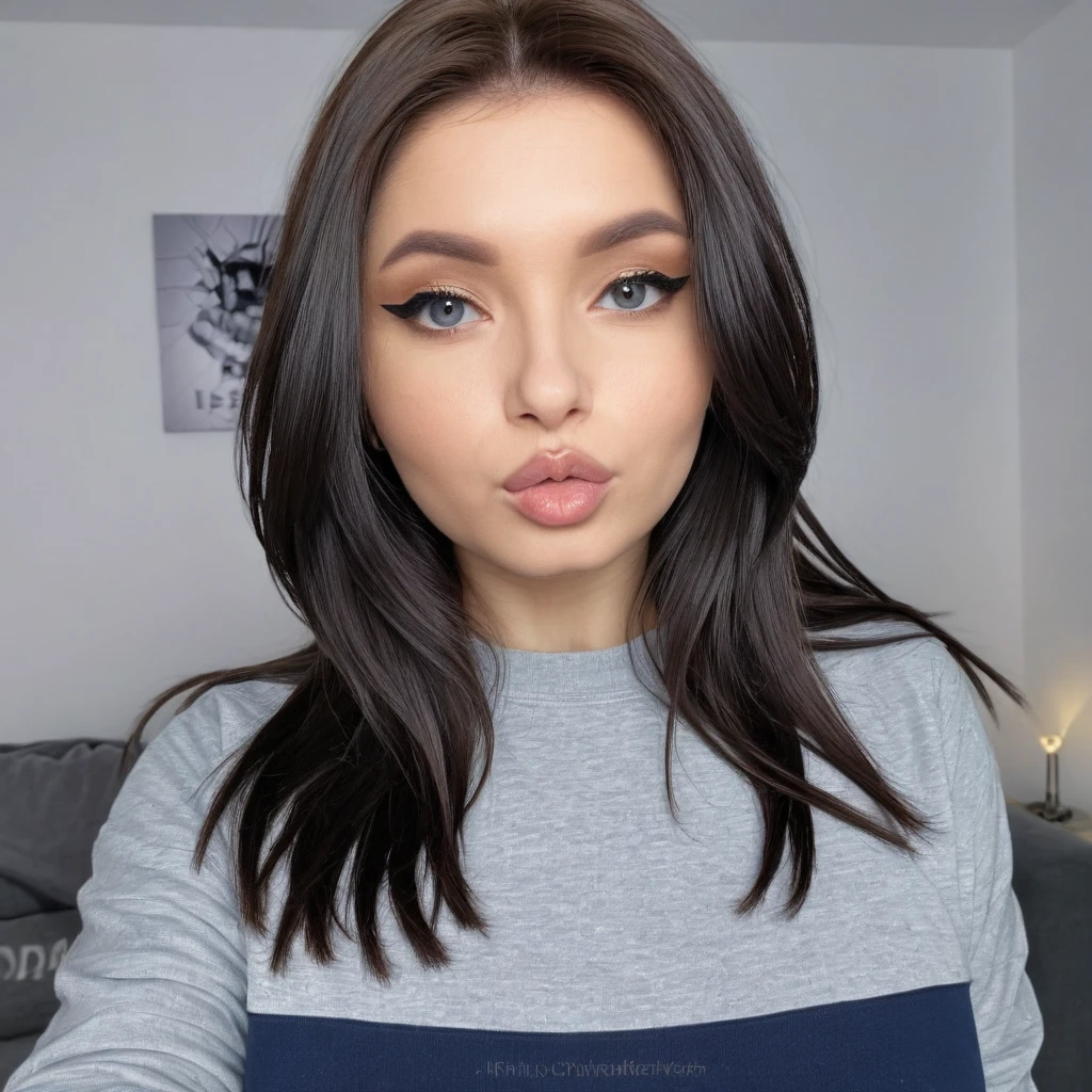 BustyEmaxl, 1girl, solo, photo of a woman, realistic, selfie, upper body, sweatshirt, long hair, makeup, lips, Dark blue, gray, and black colors <lora:BustyEmaXL10:1>