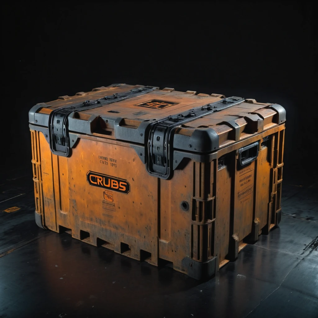 photo focus on military sturdy  crate box ,  with hydraulic metal lock, from above, science fiction, glowing cyberpunk, translucent, <lora:IteMaker-v1e3:1>, black background, orange theme  , film, professional, 4k, highly detailed, grit, (rust:0.65), cracks, cracked surface, subtle messy, dust, weary, edges rusty dusty, surface scratches, peeled sun bleeched paint, smudges, crumbles, rugged, used