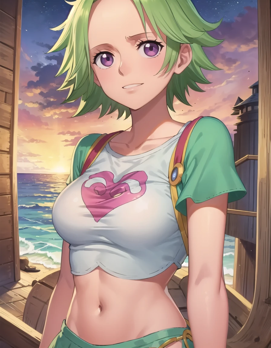 onepiececamie, <lora:one piece camie-lora-nochekaiser:1>,
camie, short hair, green hair, monster girl, mermaid, (dark purple eyes:1.1), (parted bangs:1.5), (forehead:1.2), smile,
BREAK crop top, raglan sleeves, short sleeves, midriff, navel,
BREAK outdoors, ship, ocean, sea,
BREAK looking at viewer, (cowboy shot:1.5),
BREAK <lyco:GoodHands-beta2:1>, (masterpiece:1.2), best quality, high resolution, unity 8k wallpaper, (illustration:0.8), (beautiful detailed eyes:1.6), extremely detailed face, perfect lighting, extremely detailed CG, (perfect hands, perfect anatomy),