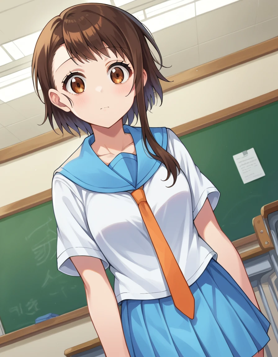 score_9, score_8_up, score_7_up, source_anime,
kosakionodera, <lora:kosaki-onodera-ponyxl-lora-nochekaiser:1>,
kosaki onodera, short hair, bangs, brown hair, brown eyes, short hair with long locks, asymmetrical hair,
skirt, shirt, thighhighs, school uniform, collarbone, white shirt, pleated skirt, necktie, serafuku, sailor collar, blue skirt, blue sailor collar, orange necktie,
indoors, classroom,
looking at viewer, cowboy shot, dutch angle,