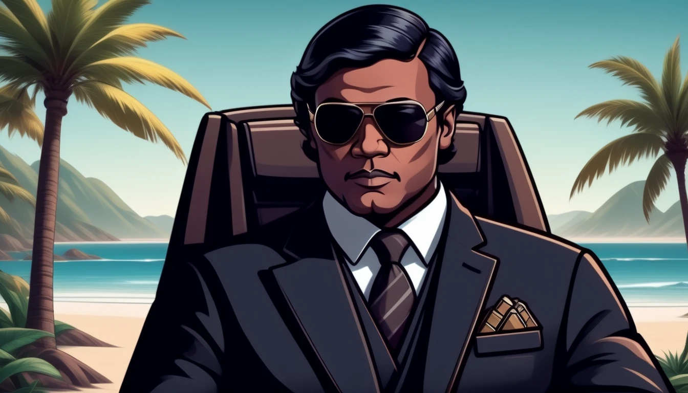 ArcherRay, the Mandalorian Armorer, wearing a black business suit, sunglasses, tropical beach background, (thick outline:1.2)