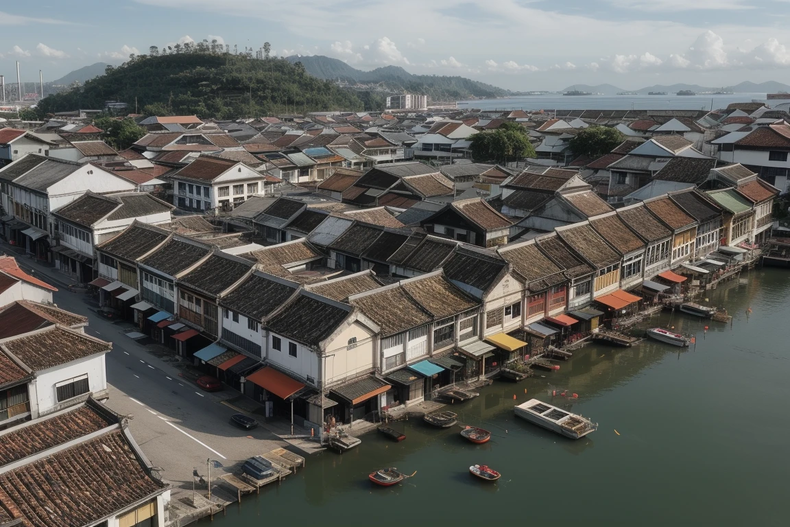 architecture, building, (shophouse), (aerial photography, cityscape, isometric), scenery, Southeast Asia, George Town, Penang, vintage, historical, heritage, orange tiled roof, pedestrian arcade, narrow facade, long windows, road, perfect proportions, perfect perspective, 8k, masterpiece, best quality, high_resolution, high detail, photorealistic, midday, Masterpiece,Masterpiece