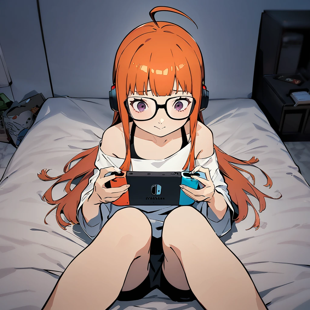 1girl, sakura futaba, playing nintendo switch, ahoge, in a dimming and messy bedroom, masterpiece, best quality, newest, persona, soejima shigenori <lora:persona_xl_a31_c-000002:1>
