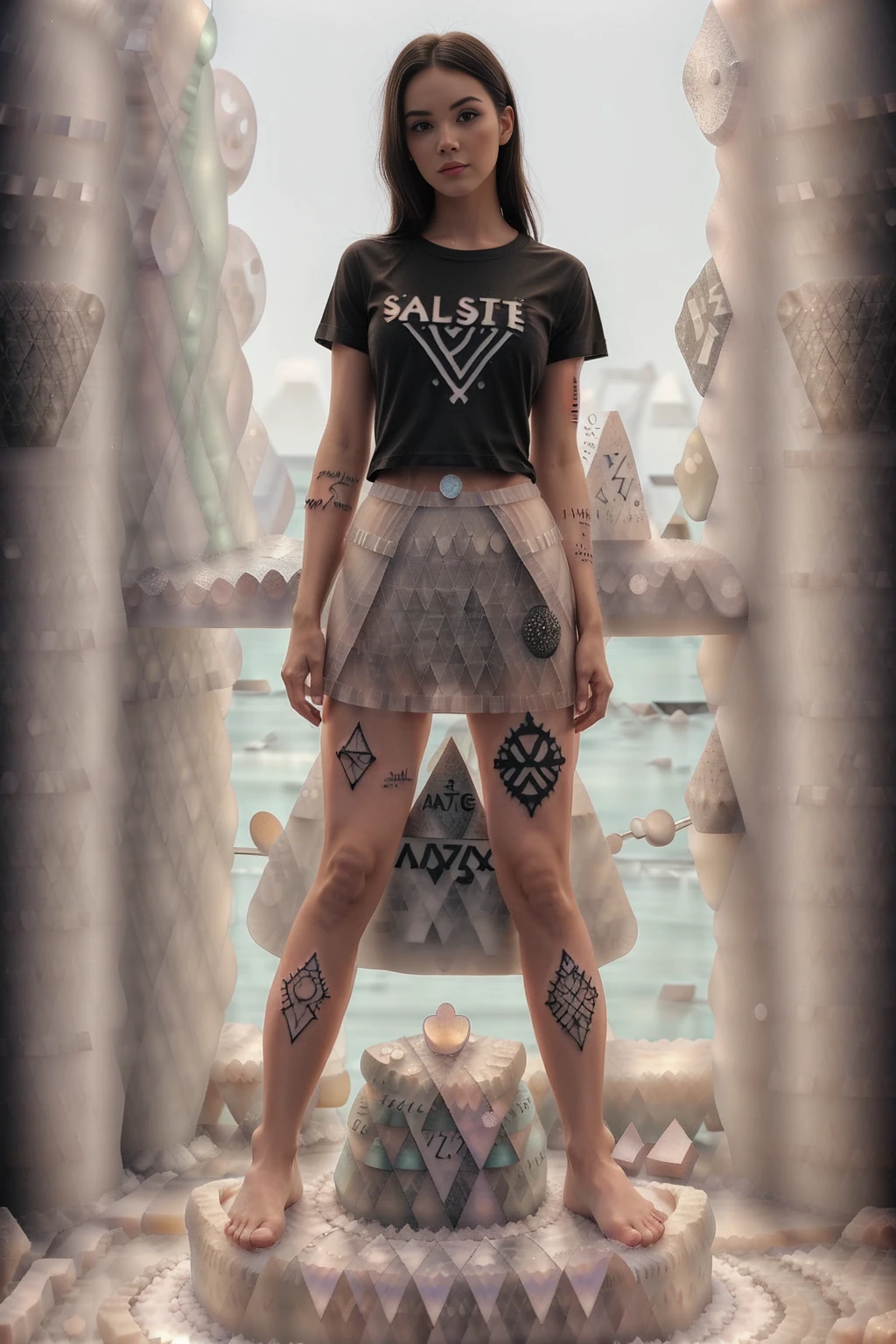 <lora:SaltWorld:1.0> (SaltWorld:0.9) 1woman is a sexy model, (tshirt and skirt:1.3) (full body tattoo:1.3)