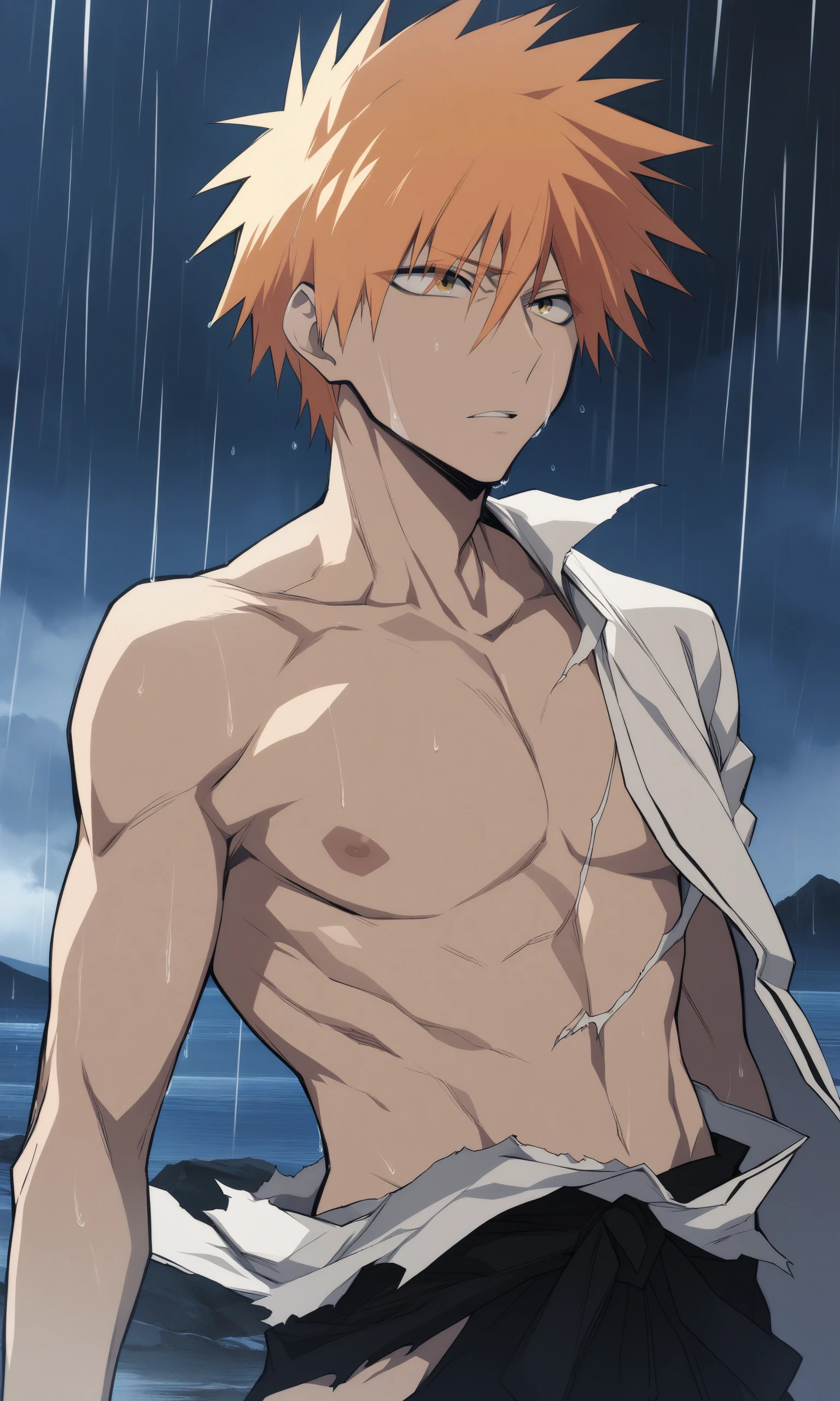 Japanese cartoons,1 boy, male focus, Kurosaki Ichigo, bleach, Also available in black, God damn Zhanyue (for bank), torn clothes, outdoor, rain, chest muscles, (masterpiece), (best quality), (Super detailed), very aesthetic, illustration, disheveled hair, perfect composition, hydrated skin, intricate details,