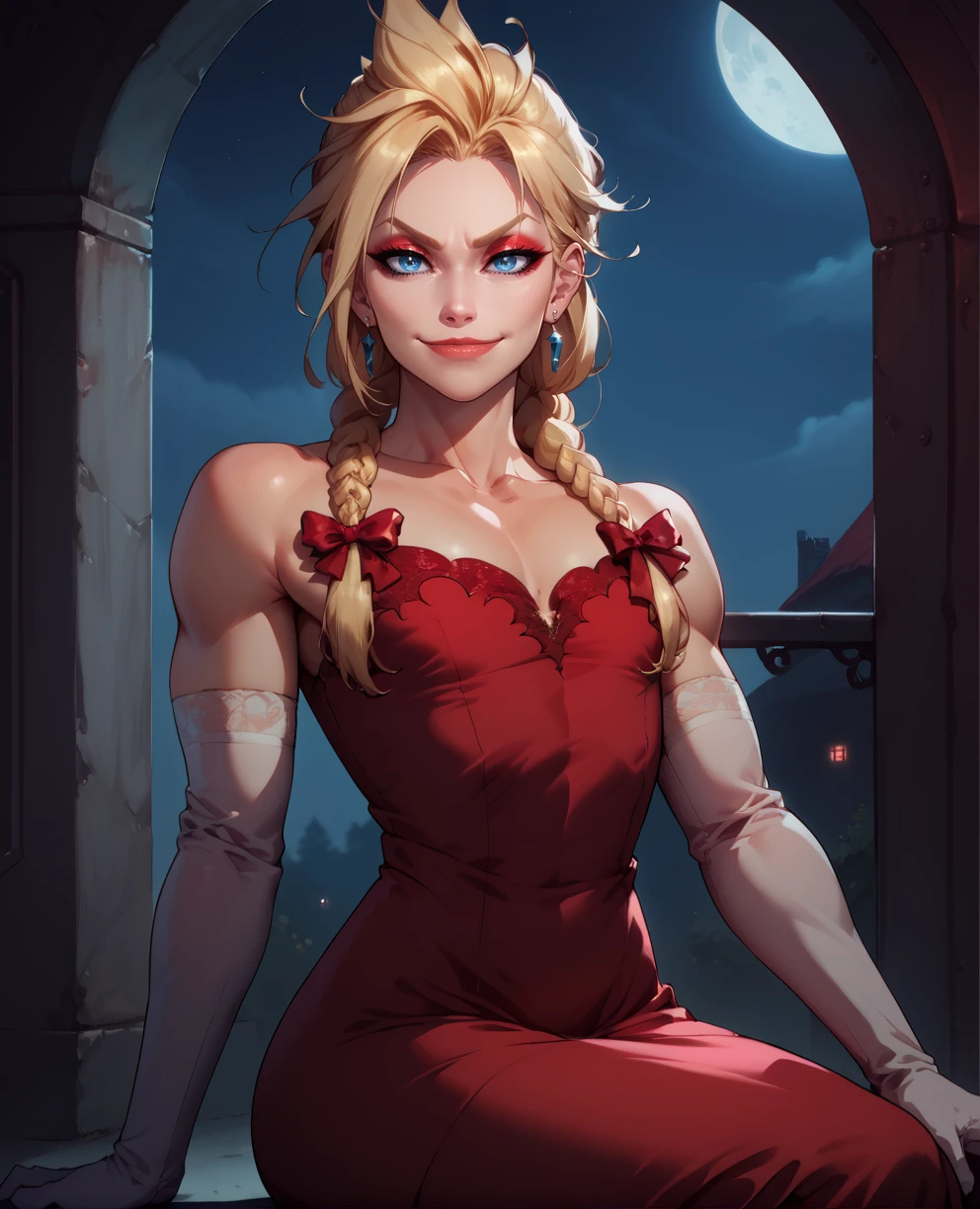 score_9,score_8_up,score_7_up, otoko no ko,
cloudxl,long blonde hair,blue eyes,solo,sitting, braid,
eyeliner,looking at viewer,smirk,lip gloss,red hair ribbon,
earrings,flat chest,dark red dress, elbow gloves,
night,industrial,
<lora:CloudXL:0.9>,