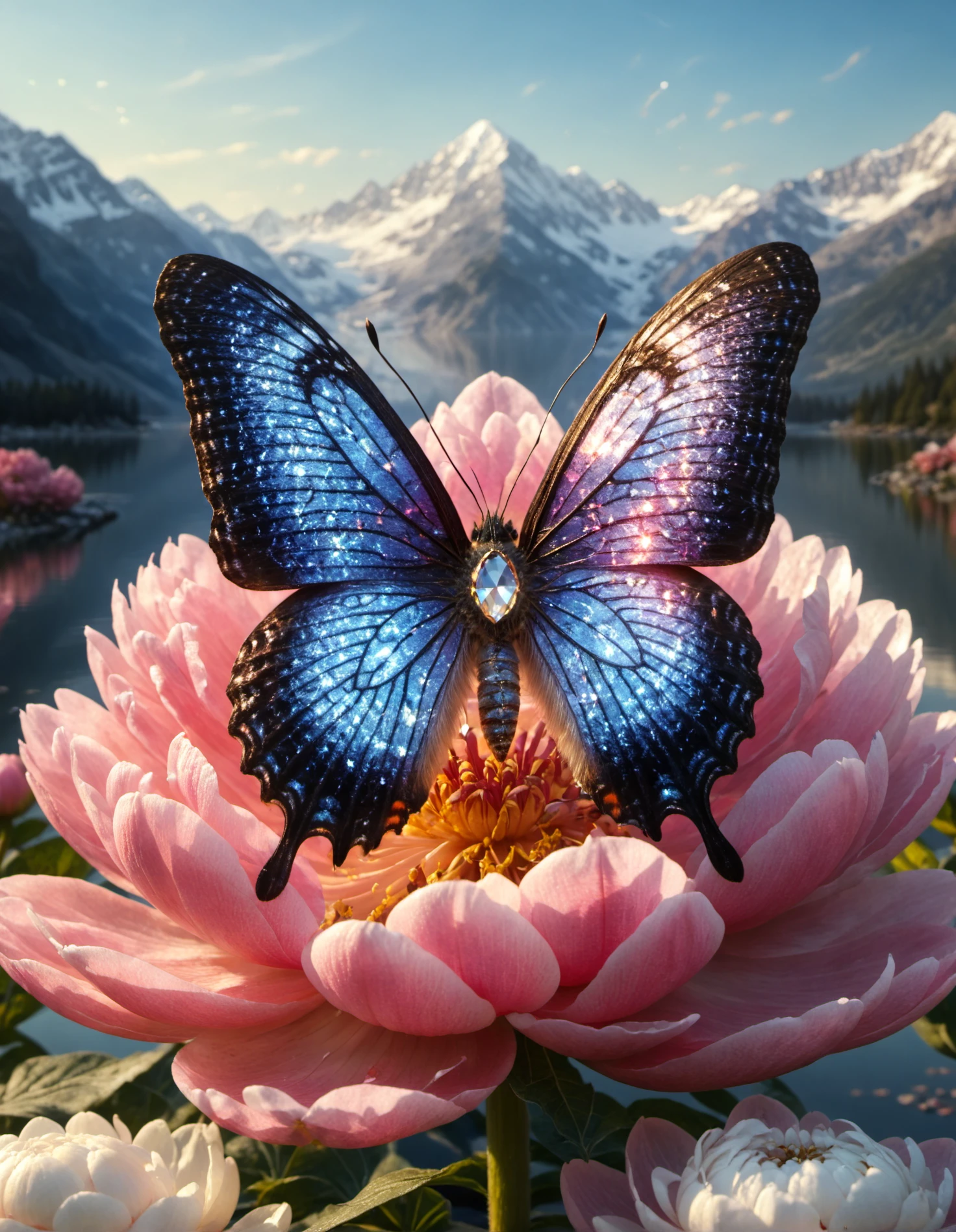 A butterfly made of diamonds, lake, sitting on a pale pink peony flower