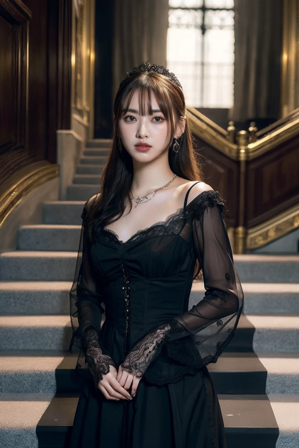 (realistic), (hyperrealism),best quality, masterpiece,ultra high res, (photorealistic:1.4),1girl,(looking at viewer:2), <lora:add_detail:0.3>,luxury gothic mansion,
long elegant lace gothic dress, stairs, earrings, banges, necklace, slim, long wavy hair,
cowboy shot, <lora:makina69_annawat_v1.0:1>