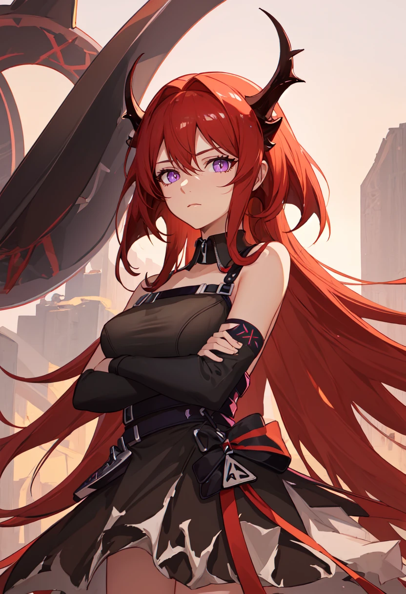 (safe:1.10), best quality, masterpiece, highres, solo, (surtr_arknights:1.10), crossed_arms, cowboy_shot, looking at viewer, 35 <lora:surtr_arknights:0.80>