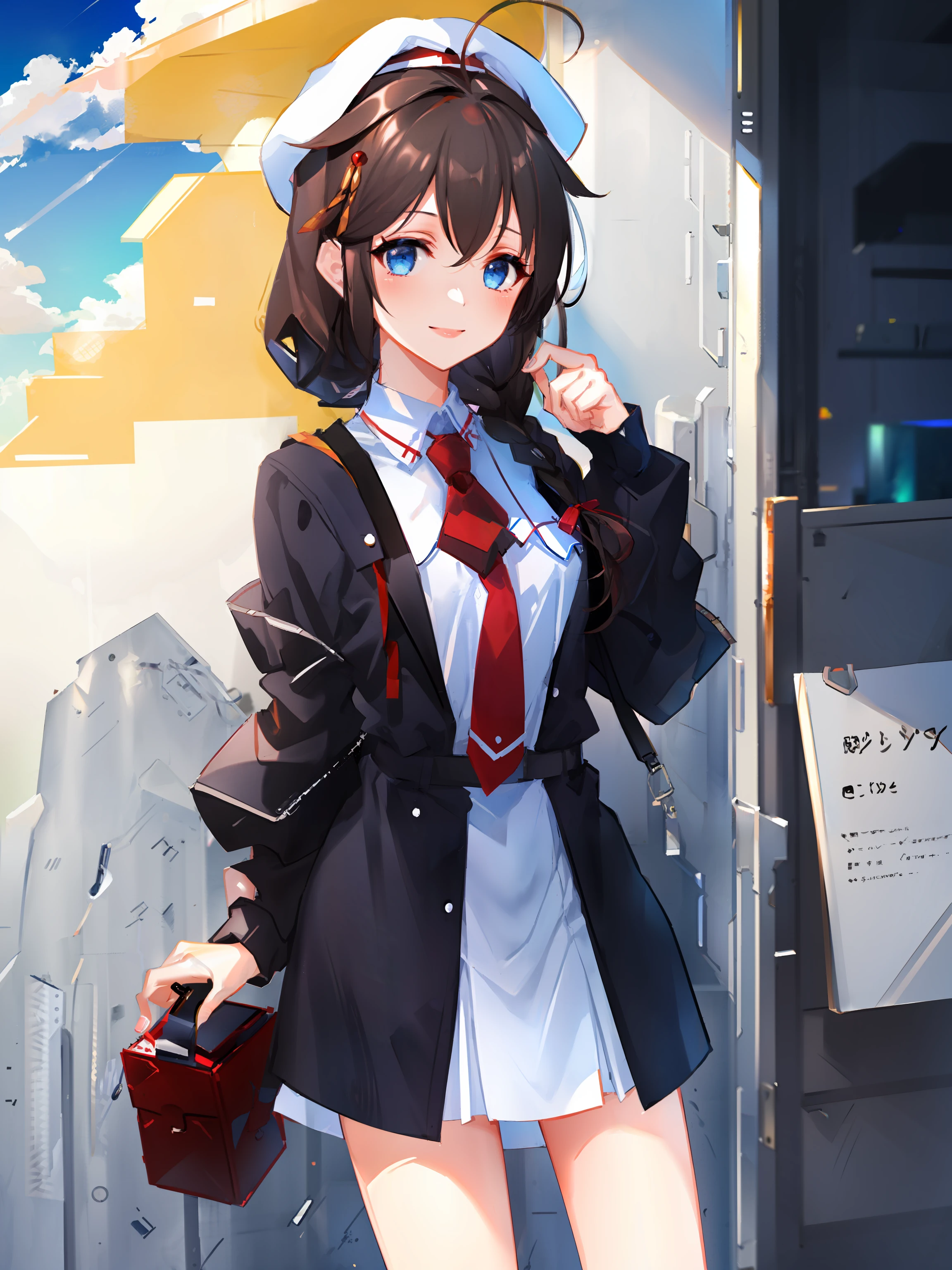 shigure sasebo 2023 \(kancolle\), 1girl, solo, white headwear, red necktie, cowboy shot, white dress, blue jacket, smile, dress, sky, cloud, beret, white shirt, belt, blue sky, original, intricate detail, illustration, masterpiece, extremely detailed CG unity 8k wallpaper, highlight, sharpening, dynamic, <lora:Shigure-3:0.8>,