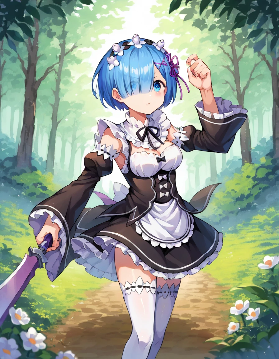 score_9, score_8_up, score_7_up, source_anime,
rezerorem, <lora:rezero-rem-ponyxl-lora-nochekaiser:1>,
rem, blue eyes, blue hair, hair ornament, hair over one eye, hair ribbon, short hair, x hair ornament,
apron, black ribbon, black skirt, black sleeves, detached collar, detached sleeves, flower, frilled apron, frilled skirt, frills, head wreath, long sleeves, maid, miniskirt, neck ribbon, purple ribbon, ribbon, ribbon trim, ribbon-trimmed sleeves, roswaal mansion maid uniform, short hair, skirt, thighhighs, waist apron, white apron, white thighhighs,
outdoors, nature, forest, fighting stance, weapon, holding weapon, horn, angry, anger vein, chain, ball and chain (weapon\),
looking at viewer, dutch angle, cowboy shot,