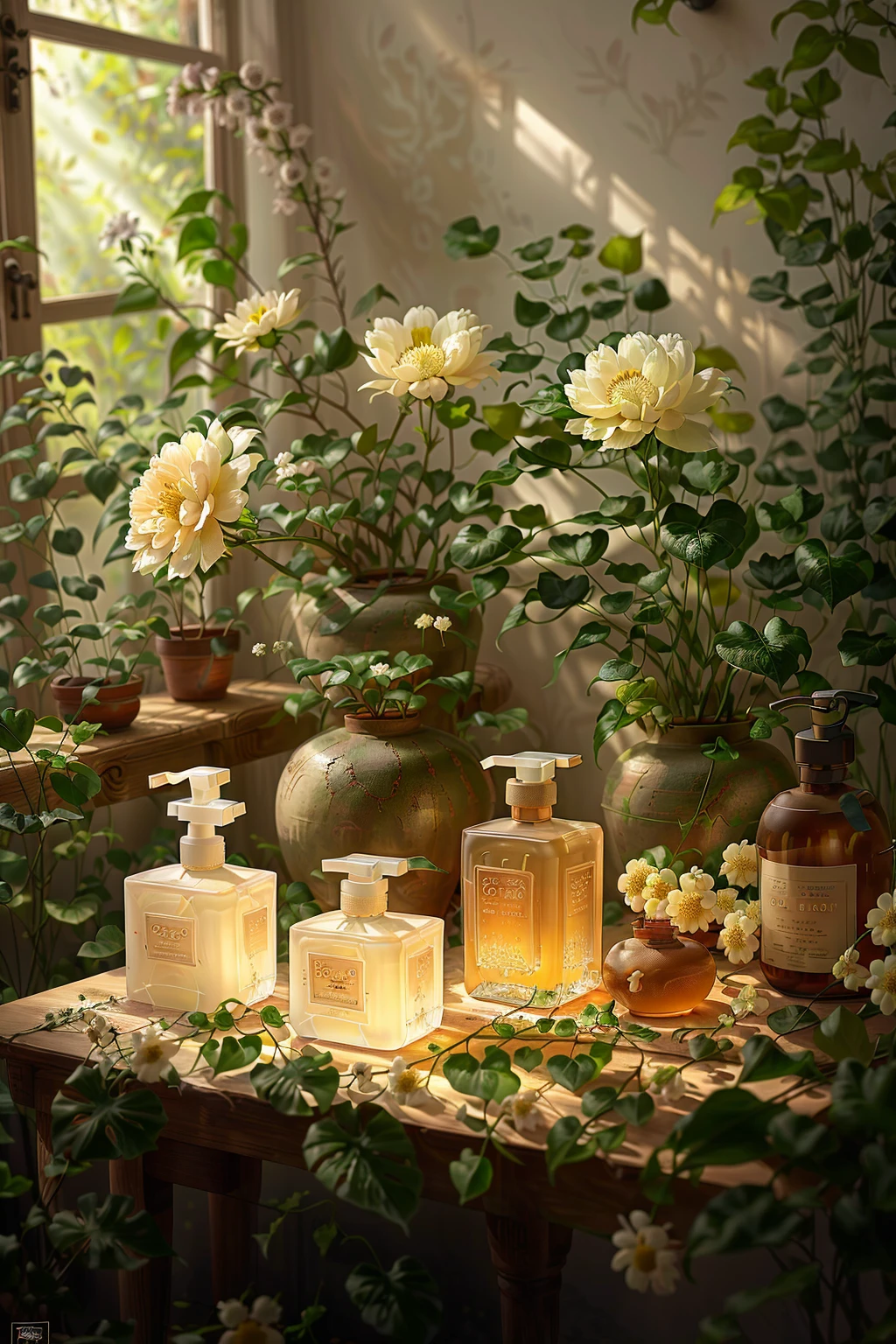 roduct photography,ultra hd picture quality,a table with a vase and bottles of soap and a plant on it with leaves and flowers in it,<lora:室å
ä¸è§:0.85>,