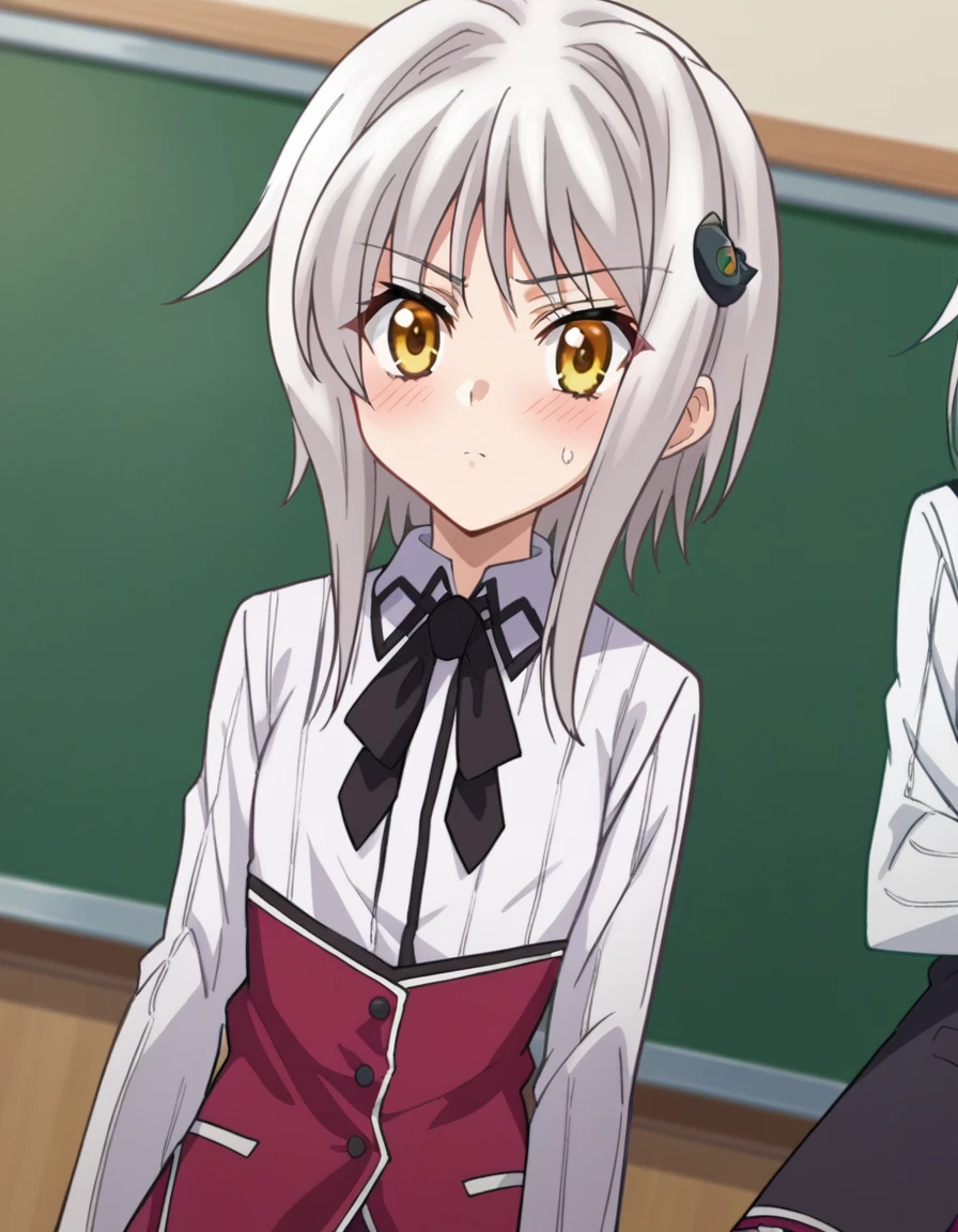 score_9, score_8_up, score_7_up, source_anime,
konekotoujou, <lora:koneko-toujou-ponyxl-lora-nochekaiser:1>,
koneko toujou, short hair, hair ornament, yellow eyes, white hair, blush,
skirt, school uniform, shirt, white shirt, collared shirt, neckerchief, black neckerchief, long sleeves, red skirt,
indoors, classroom,
looking at viewer, dutch angle, cowboy shot,