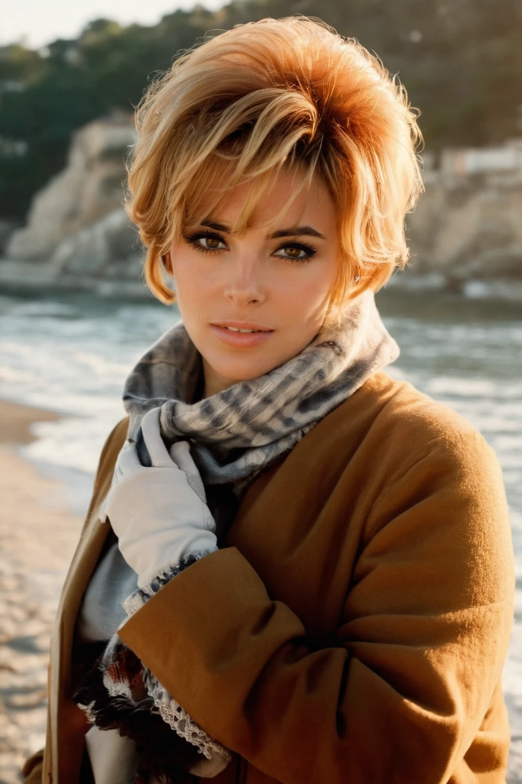 analog film photo ((light theme)), <lora:[UK]_-_Jill_St_John_XL:1> mt-jillstjohn, solo, (looking at viewer), realistic lighting, (blonde), (detailed skin), (detailed face), (happy:1.5), (Cashmere turtleneck sweater, Wool coat, Plaid scarf, Skinny jeans, Knee-high boots, Leather gloves:1.4), (sunrise, beach horizon, tranquil morning, serene atmosphere:1.5)
BREAK
(dynamic pose)
BREAK
masterpiece, zstyle, extremely detailed, best quality, ultra-detailed, ultra high res, (photorealistic:1.4), raw photo, (realistic:0.2), 8k HDR, 1girl, bokeh, f1.4, 40mm, photorealistic, raw, 8k, textured skin, skin pores, intricate details, <lora:ZStyle_-_Photography_Style_SDXL:0.4> <lora:extremely_detailed:0.8>  . faded film, desaturated, 35mm photo, grainy, vignette, vintage, Kodachrome, Lomography, stained, highly detailed, found footage