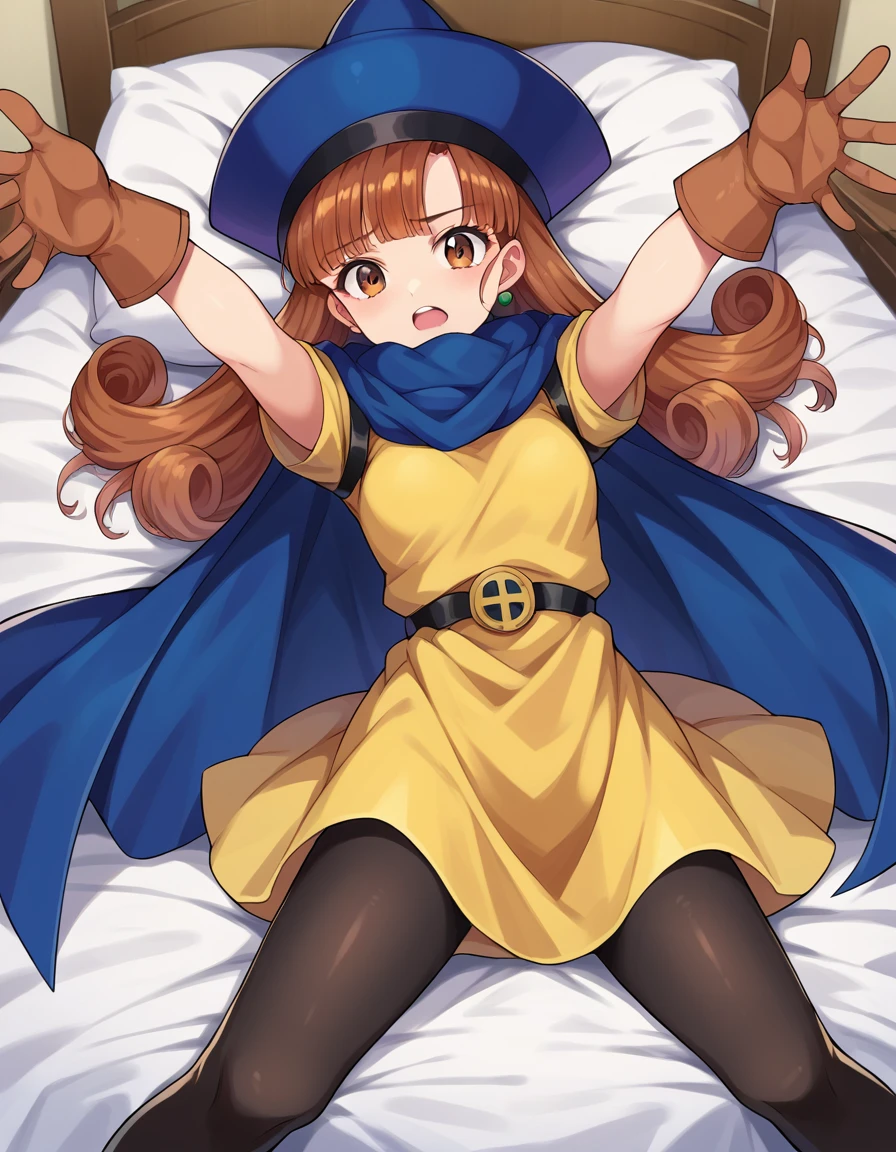 score_9, score_8_up, score_7_up, source_anime,
dqalena, <lora:dq-alena-ponyxl-lora-nochekaiser:1>,
alena, brown eyes, brown hair, curly hair, long hair,
cape, dress, gloves, hat, pantyhose, yellow dress, scarf, short sleeves,
indoors, bed, bed room, on back, arm support, arms up, incoming hug, pov, reaching, reaching towards viewer,
looking at viewer, dutch angle, cowboy shot,