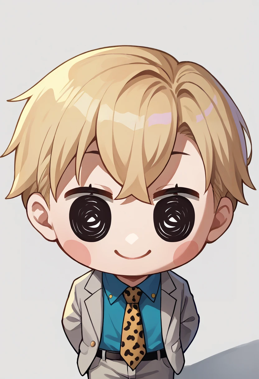 score_9, score_8_up, source_anime, 1boy, solo, chibi, NanamiBase, blonde hair, short hair, grey jacket, yellow necktie, leopard print, blue shirt, collared shirt, grey pants, :3, smile, <lora:ChamKentoNanamiPonyXL:0.8>, <lora:style_beegsmol_ponyXL:1.2>