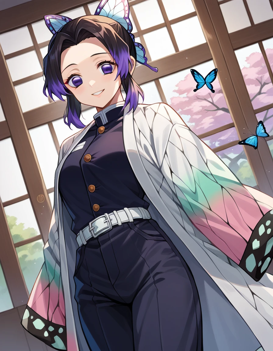 score_9, score_8_up, score_7_up, source_anime,
shinobukochou, <lora:shinobu-kochou-ponyxl-lora-nochekaiser:1>,
shinobu kochou, animal print, black hair, butterfly, butterfly hair ornament, butterfly print, forehead, gradient hair, hair ornament, haori, multicolored hair, parted bangs, purple hair, short hair, two-tone hair,
belt, black pants, butterfly print, coat, demon slayer uniform, haori, japanese clothes, pants, uniform,
indoors, smile,
looking at viewer, dutch angle, cowboy shot,