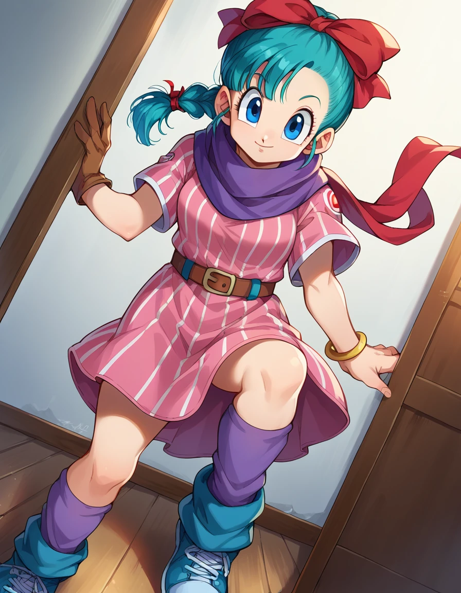 score_9, score_8_up, score_7_up, source_anime,
dragonballbulma, <lora:dragonball-bulma-ponyxl-lora-nochekaiser:1>,
bulma, blue eyes, blue hair,
ankle boots, ankle socks, belt, blue footwear, boots, bracelet, braid, braided ponytail, brown belt, brown gloves, dress, gloves, hair ribbon, jewelry, loose socks, parted bangs, pink dress, purple scarf, purple socks, red ribbon, ribbon, scarf, shoes, short dress, short sleeves, single glove, sneakers, socks, vertical-striped clothes, vertical-striped dress,
indoors,
looking at viewer, dutch angle, cowboy shot,