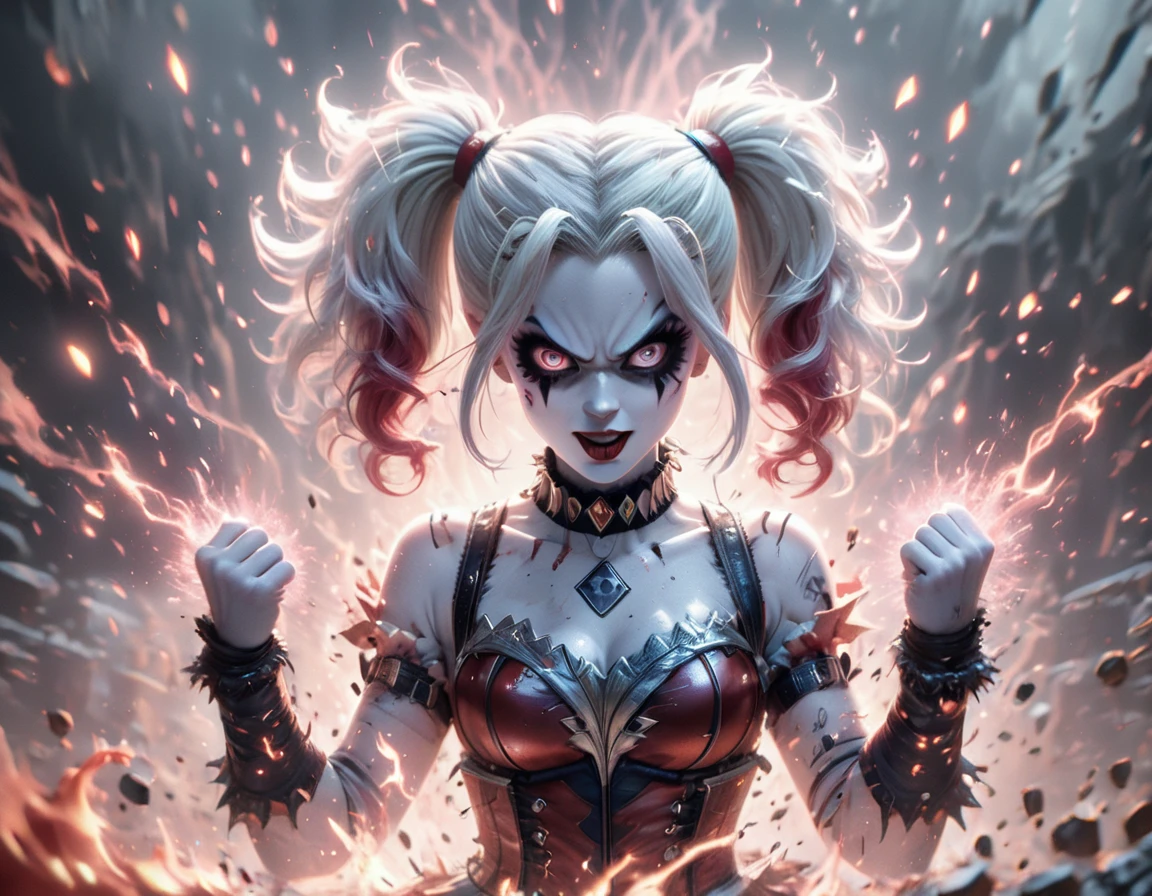 (((masterpiece))) , (((best quality))) , anime style, 2d, well-built charming 1girl, solo, lovely 1girl, PoweringUp, wide view of Beautiful Gorgeous Harley Quinn powering up, transparent white flaming aura surrounds, she has Shaved sides hair, key visual,