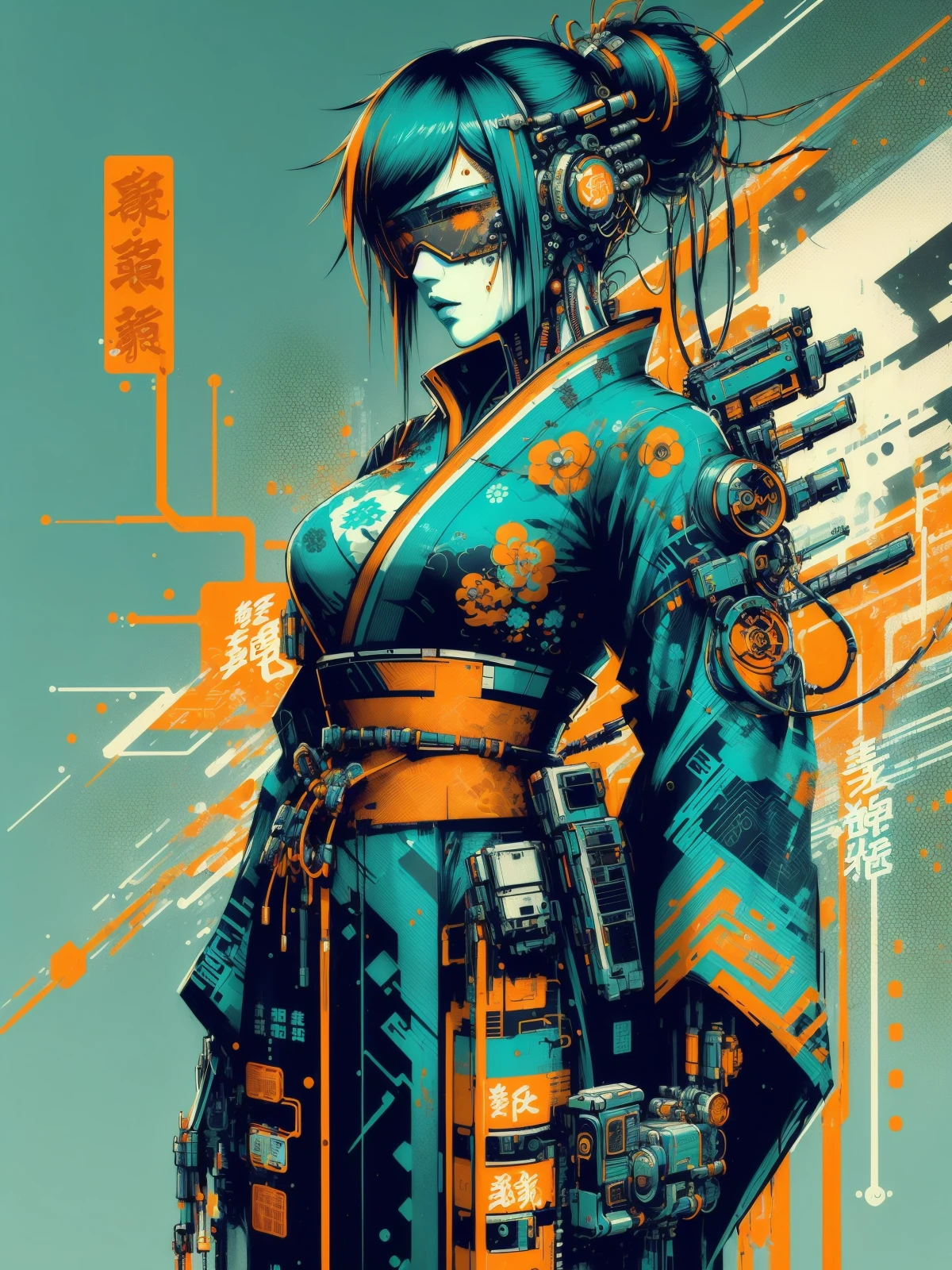 cyberpunk woman wearing a kimono, (mad-cbrpnksplshrt:1.4), orange background <lora:Splash_Art_SD1.5:0.7>, (masterpiece:1.2), best quality, (hyperdetailed, highest detailed:1.2), high resolution textures