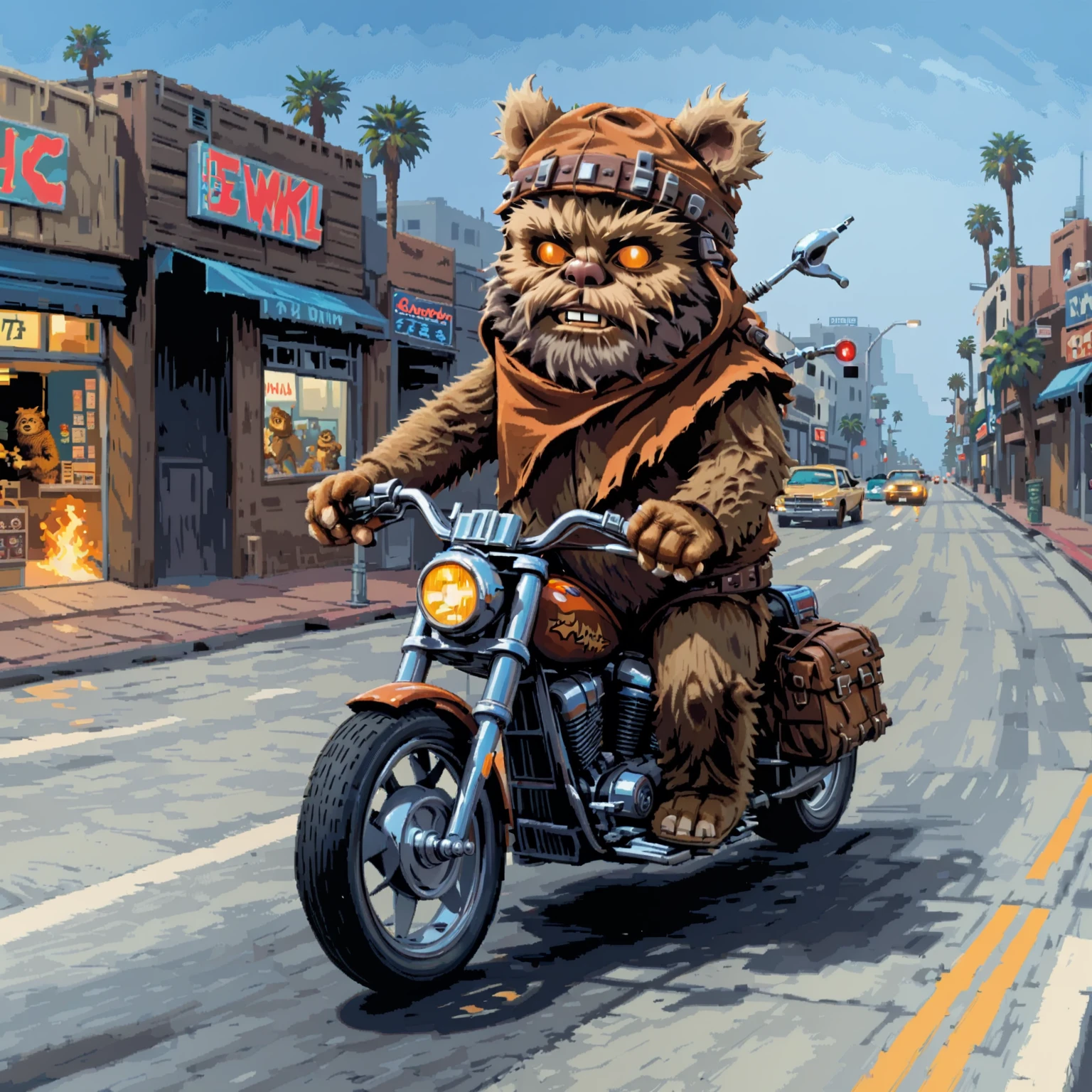 an ewk riding a chopper down Santa Monica Boulevard, animal focus, ewok