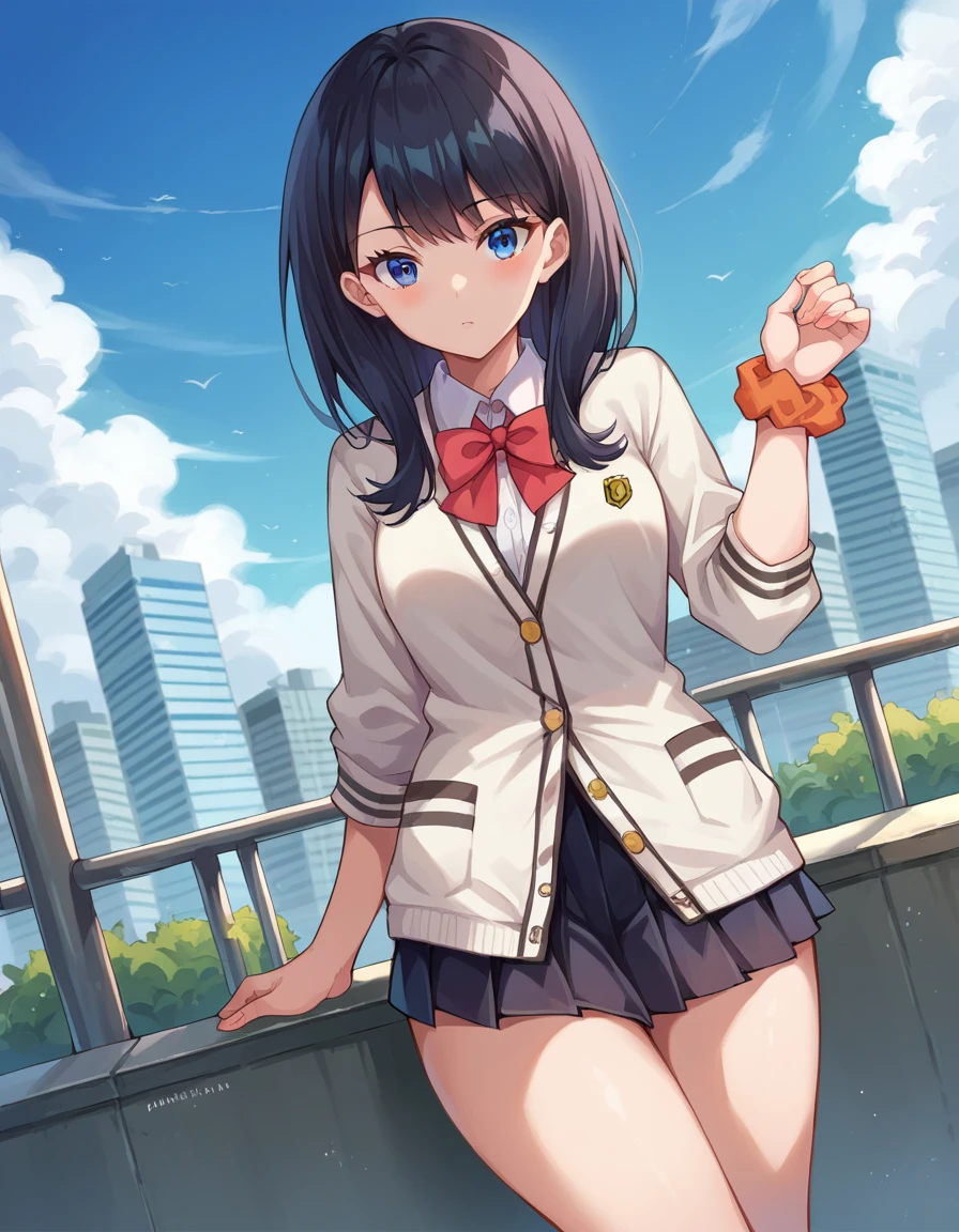 score_9, score_8_up, score_7_up, source_anime,
rikkatakarada, <lora:rikka-takarada-ponyxl-lora-nochekaiser:1>,
rikka takarada, black hair, blue eyes, long hair, orange scrunchie, scrunchie, wrist scrunchie
black skirt, bow, bowtie, buttons, cardigan, collared shirt, long sleeves, microskirt, pleated skirt, red bow, red bowtie, red socks, school uniform, skirt, thighs, white cardigan, white shirt,
outdoors, cityscape,
looking at viewer, dutch angle, cowboy shot,