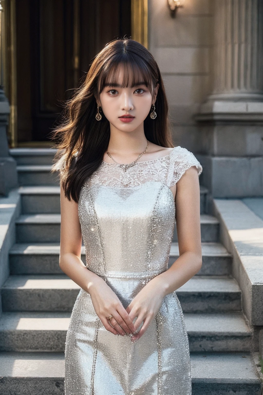 (realistic), (hyperrealism),best quality, masterpiece,ultra high res, (photorealistic:1.4),1girl,(looking at viewer:2), <lora:add_detail:0.3>,luxury gothic mansion,
long elegant lace gothic dress, stairs,  earrings, banges, necklace, slim, long wavy hair,
cowboy shot, <lora:makina69_annawat_v1.0:1>