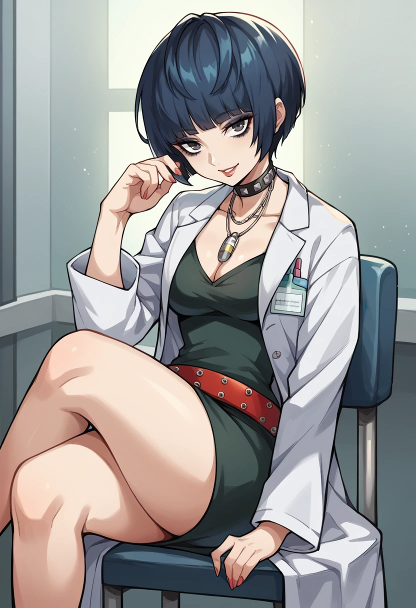 ((masterpiece, best quality;1.3)), ultra detailed, 1girl, masterpiece, best quality, absurdres, perfect antomy, Tae Takemi, necklace, choker, dress, labcoat, standing, cowboy shot, indoors, dishwasher1910, <lora:dishwasher1910Style_v10:0.8>  <lora:taeTakemiPersona5_v10:0.8>