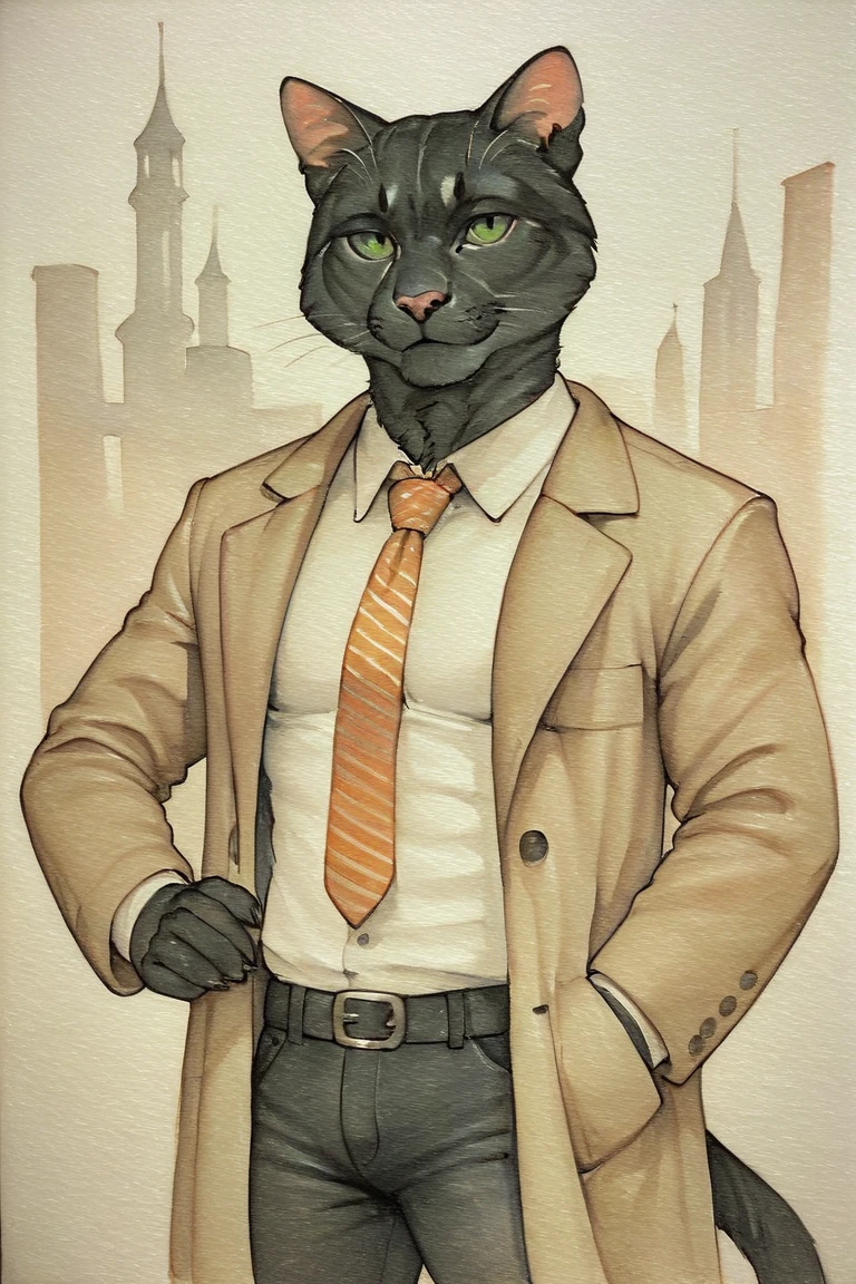 score_9, score_8_up, score_7_up, rating_safe, source_furry, traditional media, realistic, anthro, furry, black cat, cat, black fur, green eyes, white collared shirt, long sleeves, striped necktie, orange necktie, beige coat, black pants, muscular, 1boy, solo, male focus, mature male, looking at viewer, cowboy shot, standing, outdoors, city, building, night, night sky, dark background <lora:OIS Gold Fish Style LoRA_Pony XL v6:0.7>