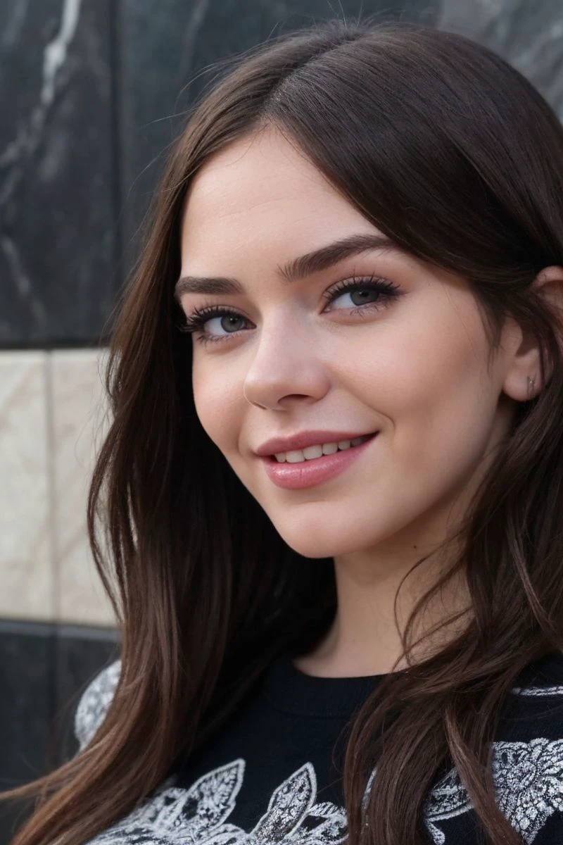 closeup headshot of S358_MerceGallardo,an attractive woman,in front of a (black-marble-wall:1.1),wearing a (crewneck:1.1),(smiling),(4k, RAW photo, best quality, 35mm, depth of field, ultra high res:1.1),(absurdres, intricate, photorealistic, cinematic-shot, masterpiece, ultra-detailed:1.1),