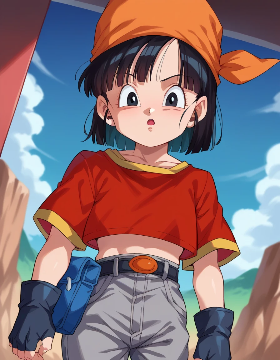 score_9, score_8_up, score_7_up, source_anime,
dragonballpan, <lora:dragonball-pan-ponyxl-lora-nochekaiser:1>,
pan gt, short hair, black hair, gloves, short sleeves, black gloves, belt, pants, fingerless gloves, black eyes, red shirt, black belt, bandana, orange bandana, female child, grey pants,
looking at viewer, dutch angle, cowboy shot,