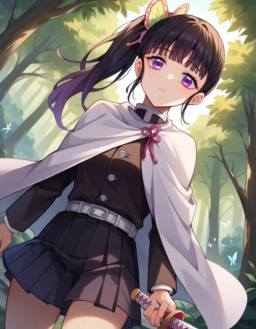 score_9, score_8_up, score_7_up, source_anime,
kanaotsuyuri, <lora:kanao-tsuyuri-ponyxl-lora-nochekaiser:1>,
kanao tsuyuri, black hair, butterfly, butterfly hair ornament, purple eyes, side ponytail, ponytail,
black skirt, cape, demon slayer uniform, long sleeves, pleated skirt, skirt, white cape,
outdoors, forest, nature, sword, holding weapon, holding sword, weapon,
looking at viewer, dutch angle, cowboy shot,