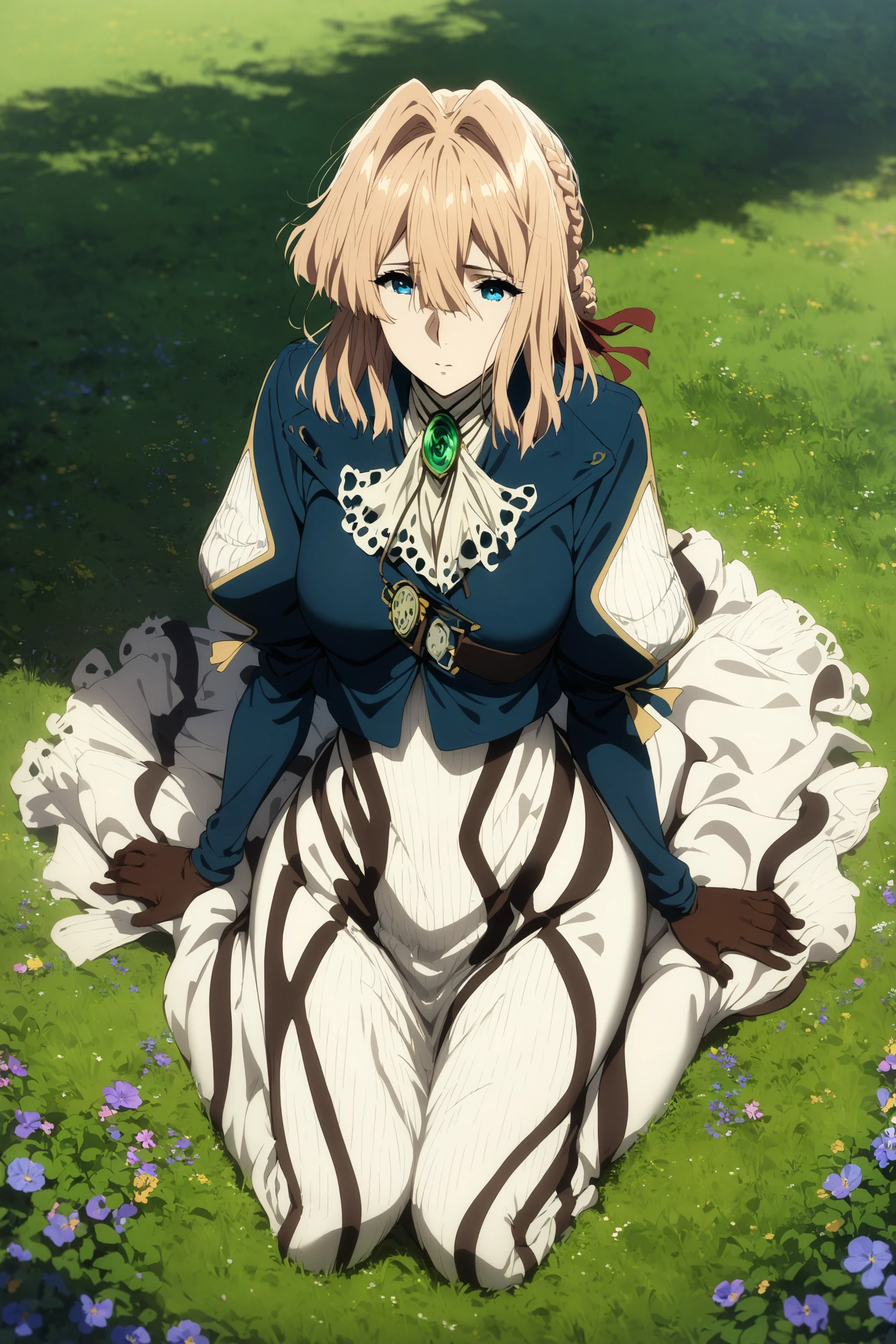 Nsfw,1boy in,,sex,(((1girl,1boy,fellatio ))),masterpiece,ultra detailed eyes, glowing ,highest detailed face,highest detailed skin,highest detailed hair, Kyoto animation,highest quality, High resolution, anime coloring,violet evergarden, (((Braid, hair ribbon, red ribbon, jewelry, white ascot, brooch, blue jacket, long sleeve, mechanical hand, white dress, long dress))),in the forest,,kneeling,