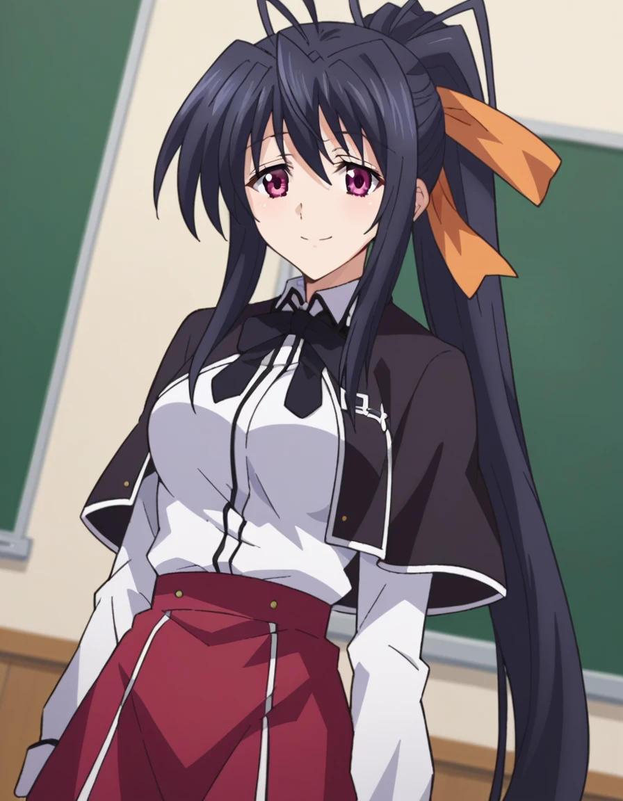 score_9, score_8_up, score_7_up, source_anime,
akenohimejima, <lora:akeno-himejima-ponyxl-lora-nochekaiser:1>,
akeno himejima, long hair, black hair, ribbon, very long hair, purple eyes, hair ribbon, ponytail, antenna hair, smile,
skirt, school uniform, shirt, white shirt, capelet, black capelet, long sleeves, red skirt,
indoors, classroom,
looking at viewer, dutch angle, cowboy shot,