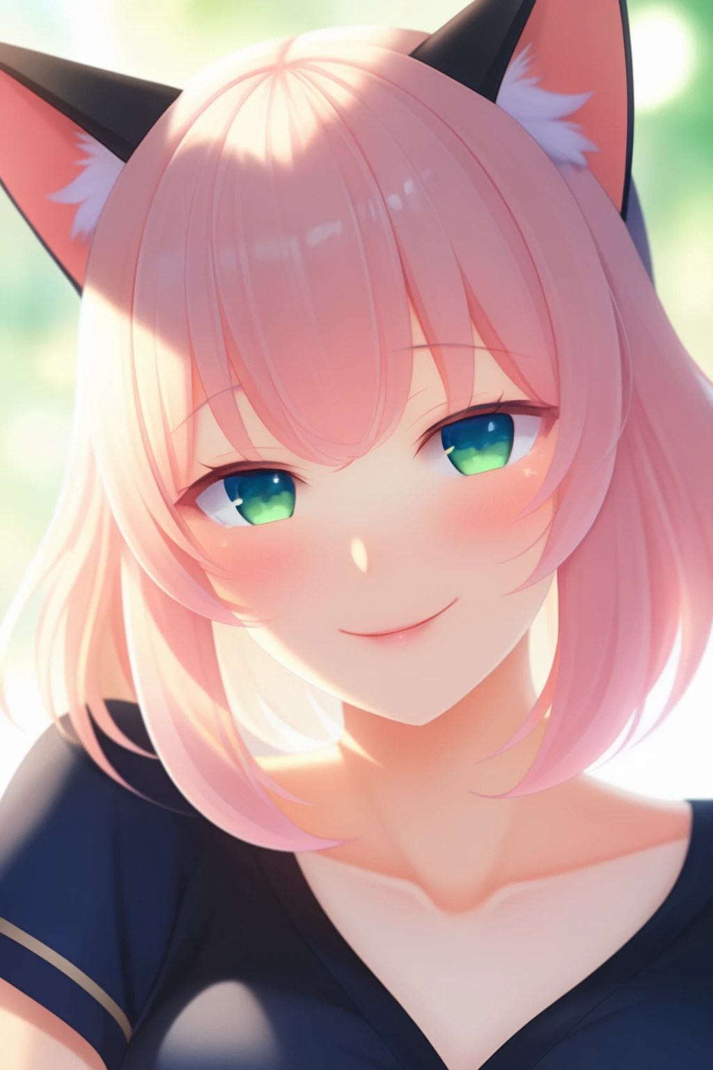 extremely aesthetic, best quality, newest, 1girl, solo, looking at viewer, blush, slight smile, cat ears, depth of field, upper body,